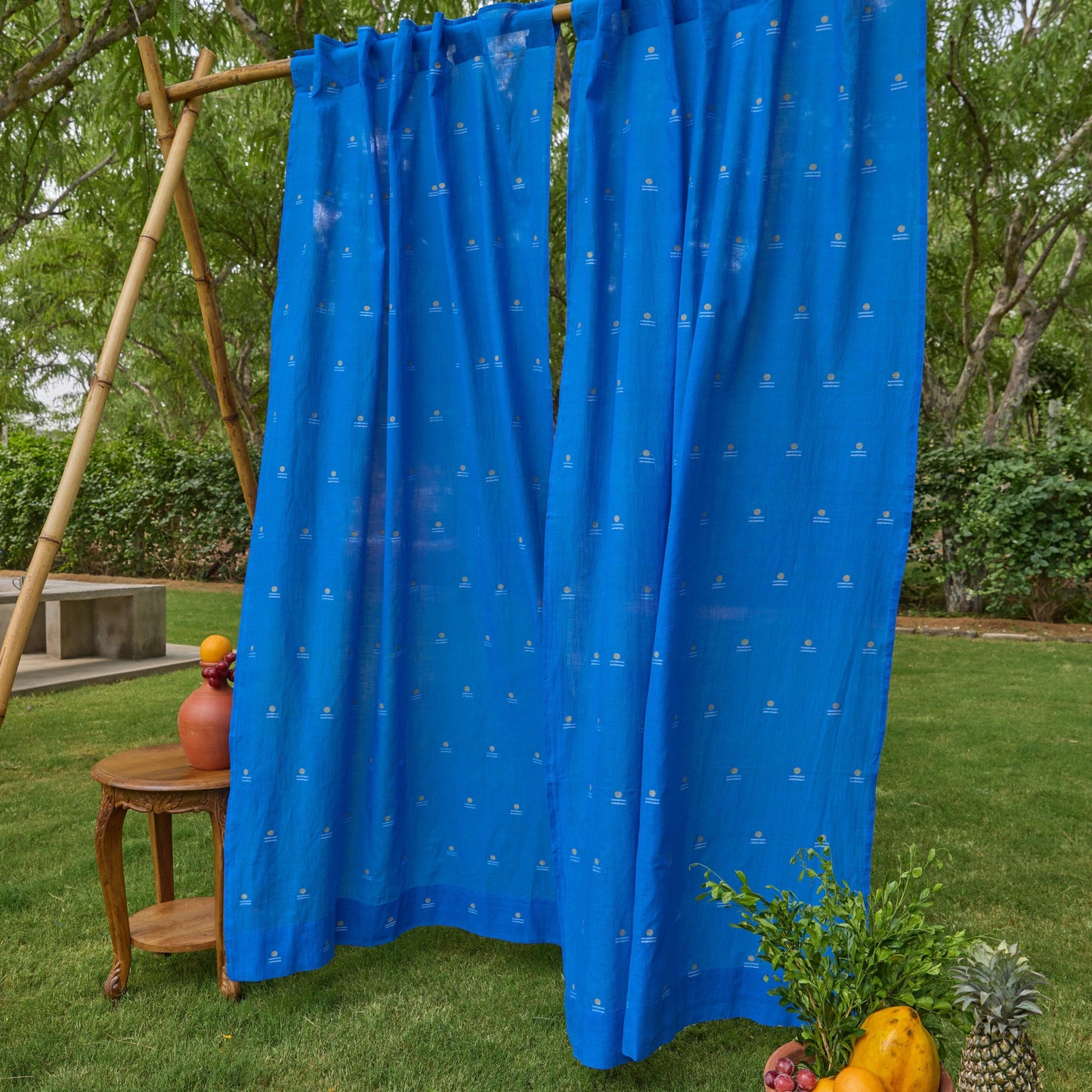 Neel Rong with Gold Jamdani Cotton Handloom Curtain-Curtains-House of Ekam
