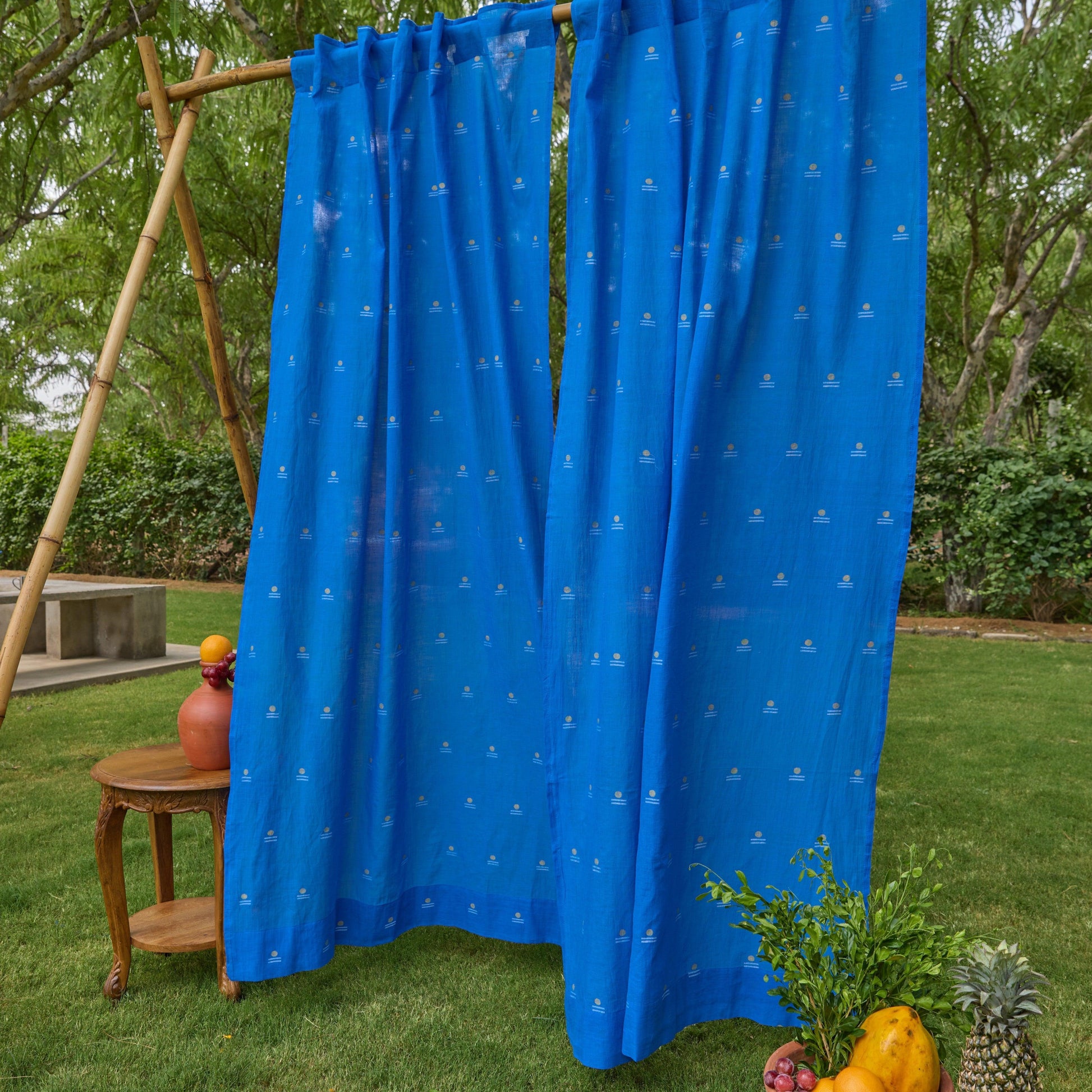 Neel Rong with Gold Jamdani Cotton Handloom Curtain-Curtains-House of Ekam