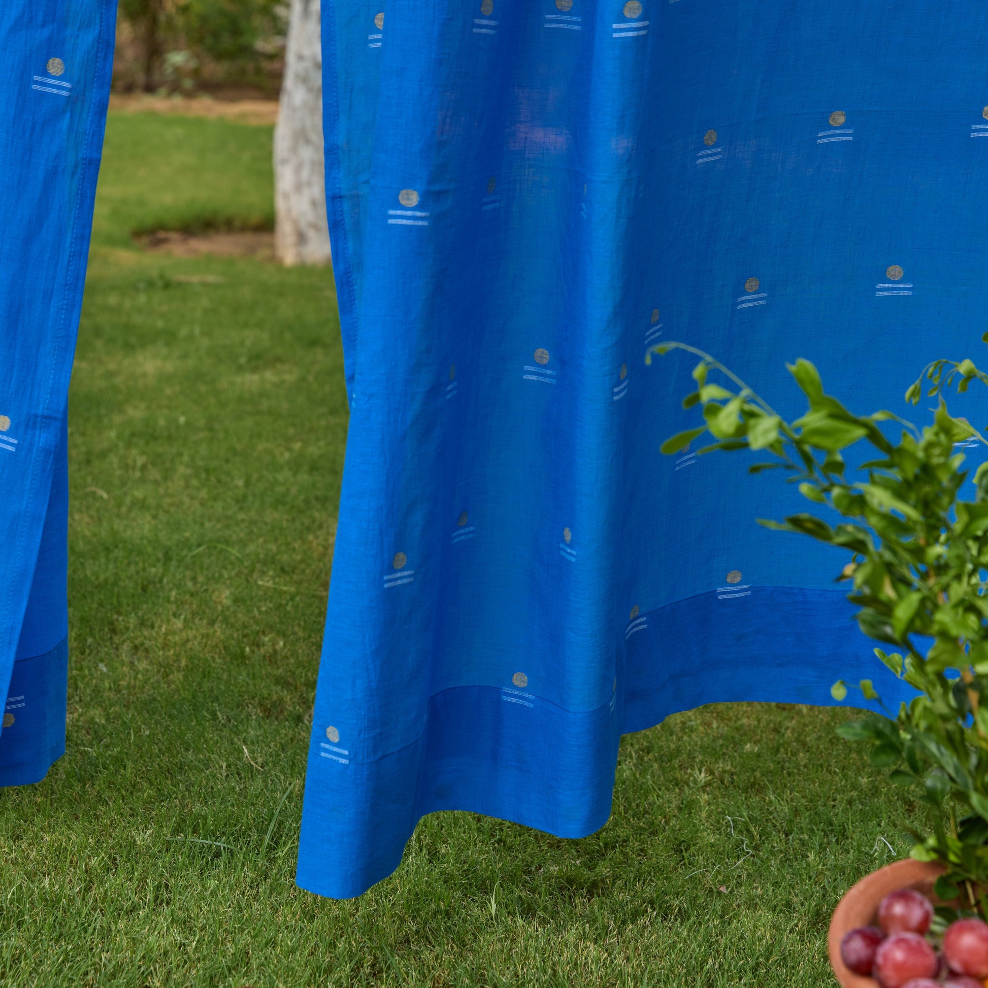 Neel Rong with Gold Jamdani Cotton Handloom Curtain-Curtains-House of Ekam