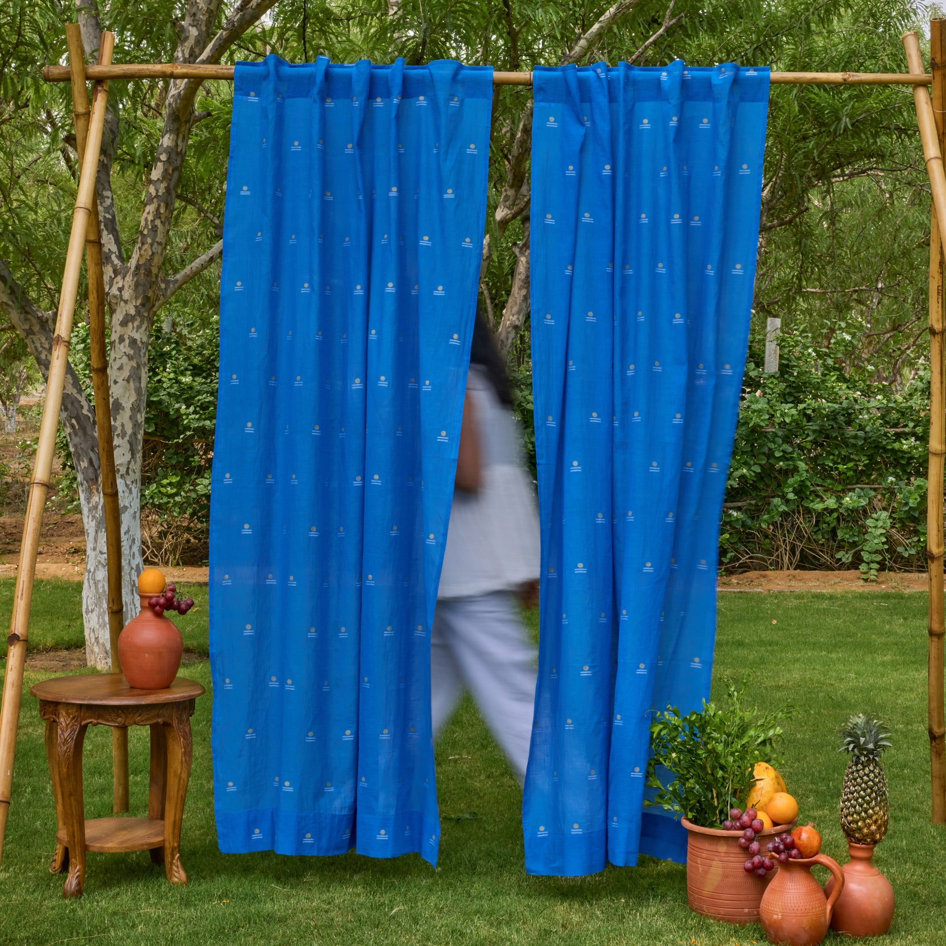 Neel Rong with Gold Jamdani Cotton Handloom Curtain-Curtains-House of Ekam