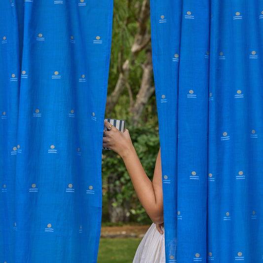 Neel Rong with Gold Jamdani Cotton Handloom Curtain-Curtains-House of Ekam