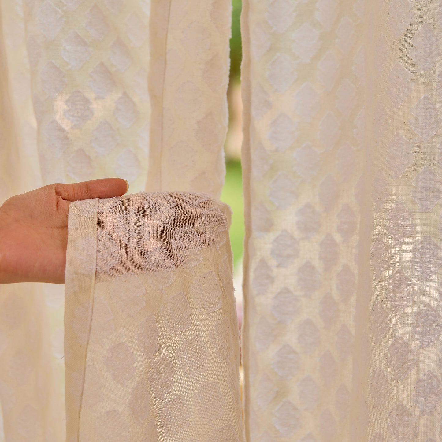 Off-White Buti Baag Cutwork Cotton Banaras Curtain-Curtains-House of Ekam