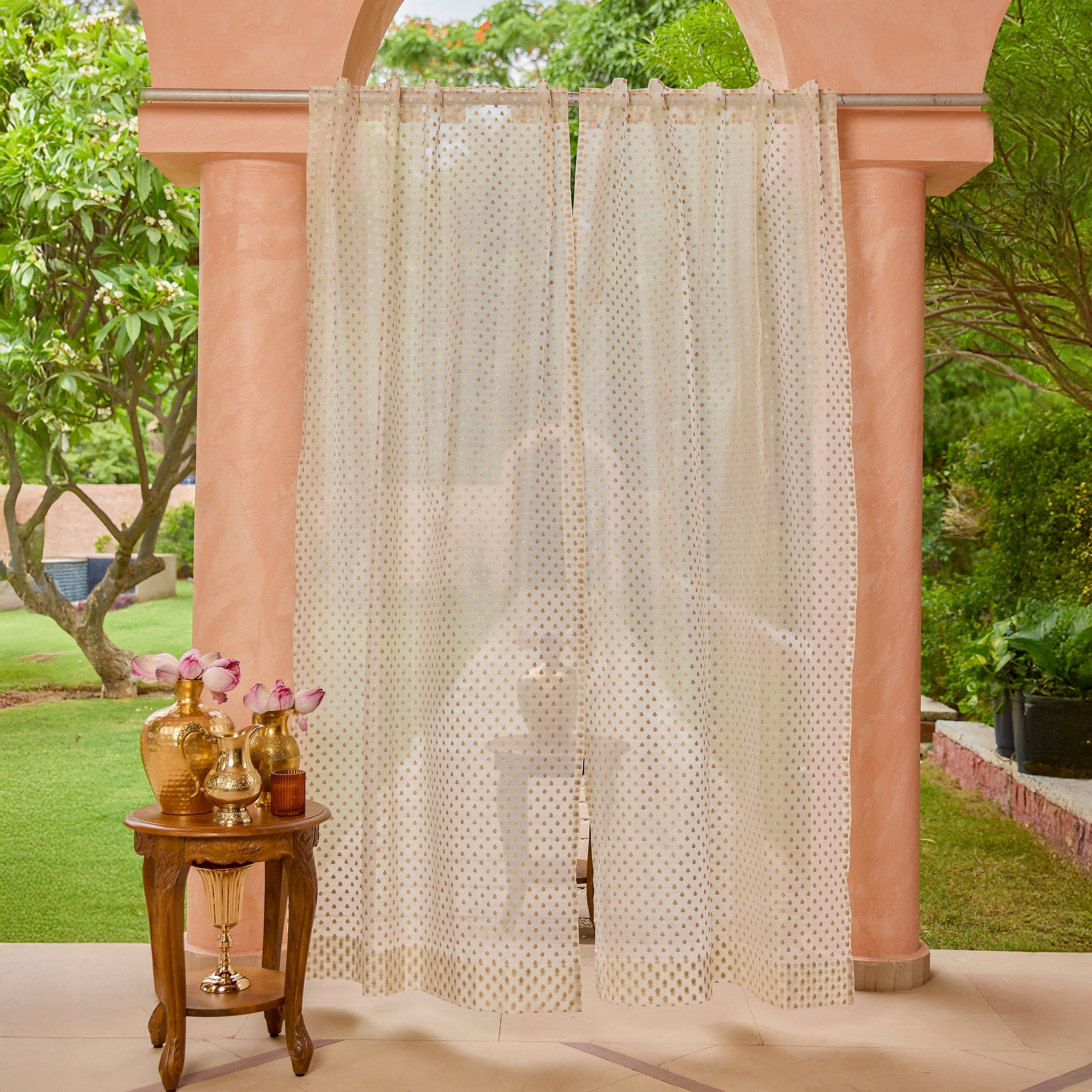 Off-White Gul Floral Zari Banarsi Curtain-Curtains-House of Ekam