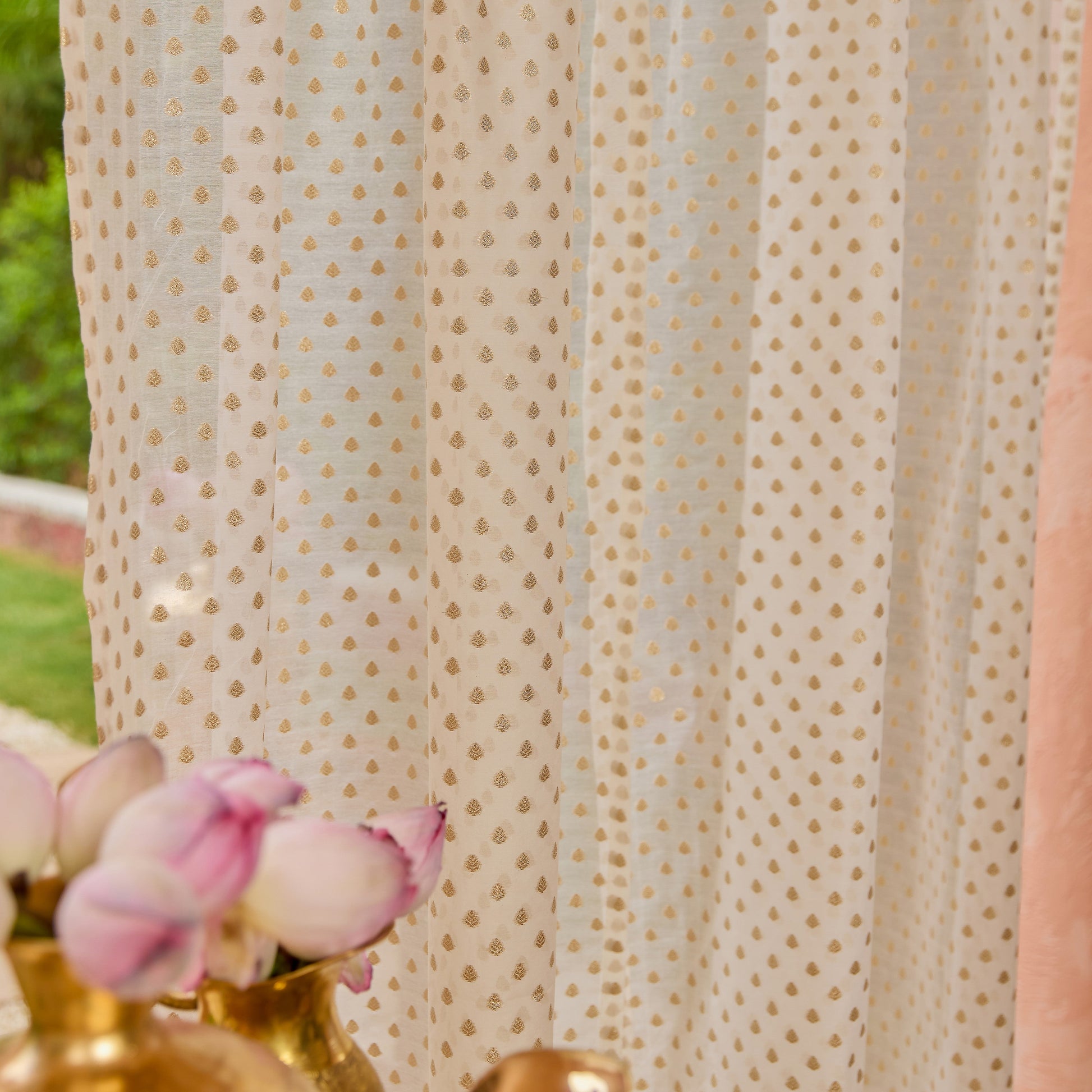 Off-White Gul Floral Zari Banarsi Curtain-Curtains-House of Ekam