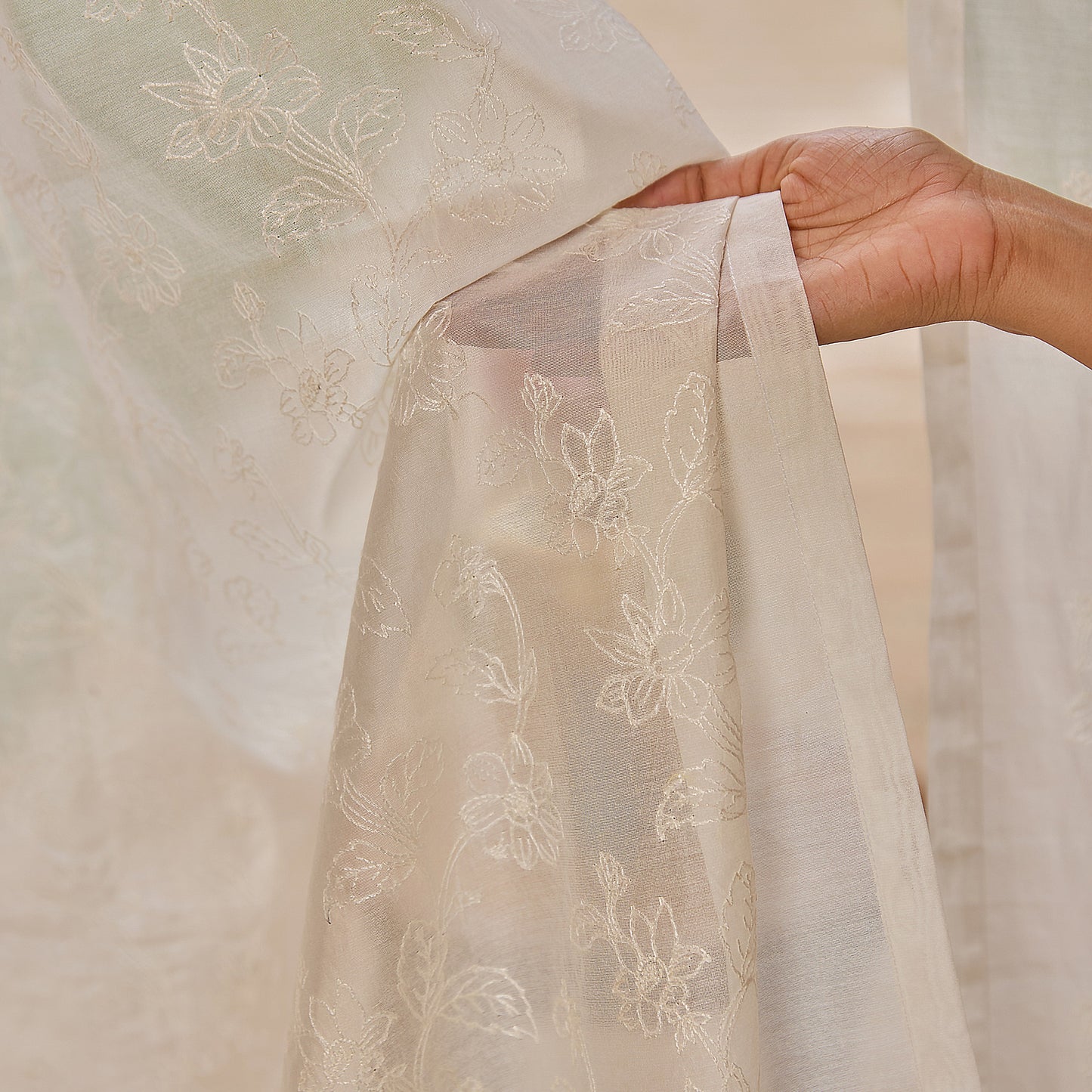 Off White Jharokha Jaal Banarsi Embroidered Cotton Silk Curtain-Curtains-House of Ekam