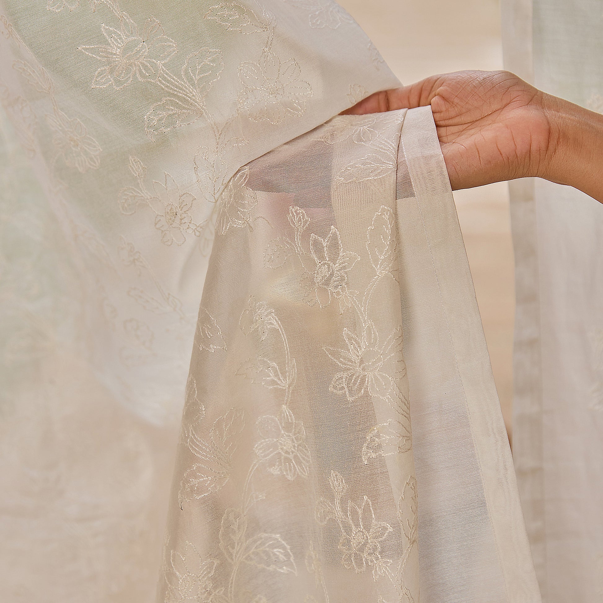 Off White Jharokha Jaal Banarsi Embroidered Cotton Silk Curtain-Curtains-House of Ekam