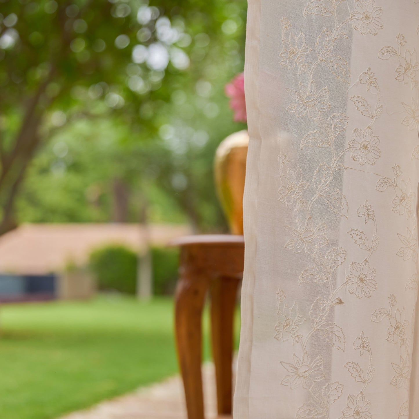 Off White Jharokha Jaal Banarsi Embroidered Cotton Silk Curtain-Curtains-House of Ekam