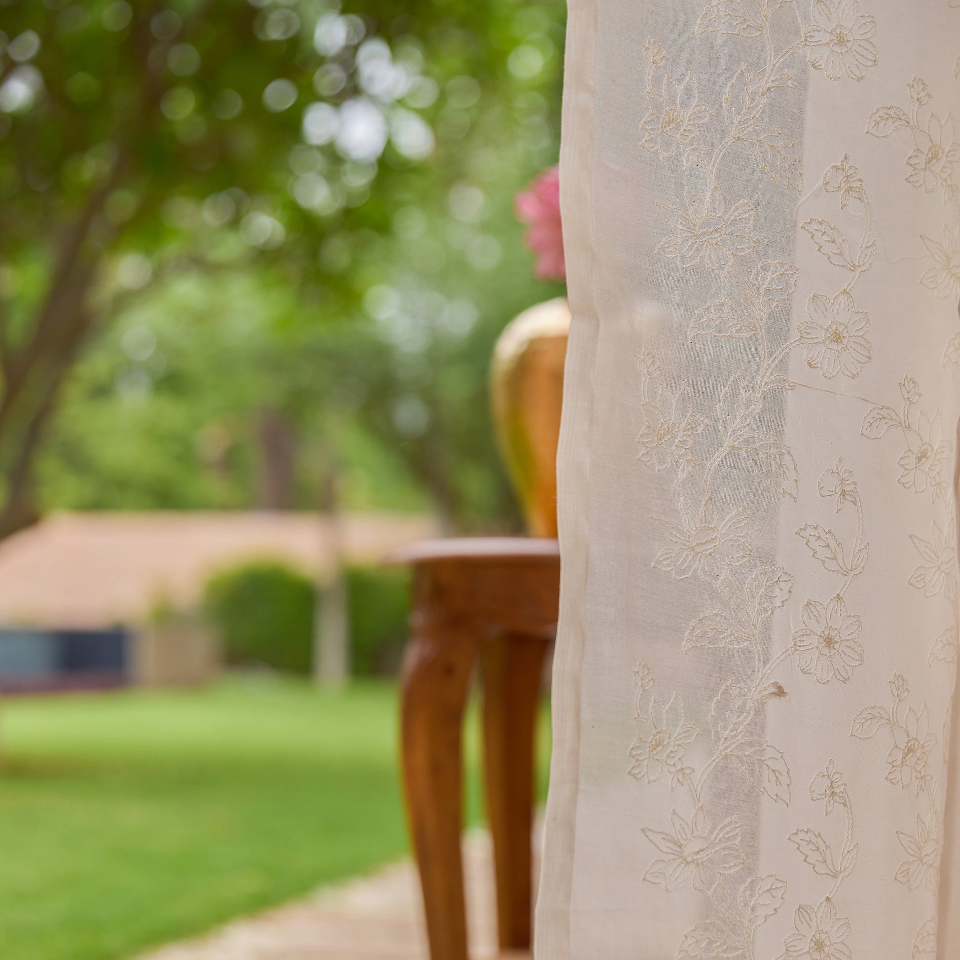 Off White Jharokha Jaal Banarsi Embroidered Cotton Silk Curtain-Curtains-House of Ekam