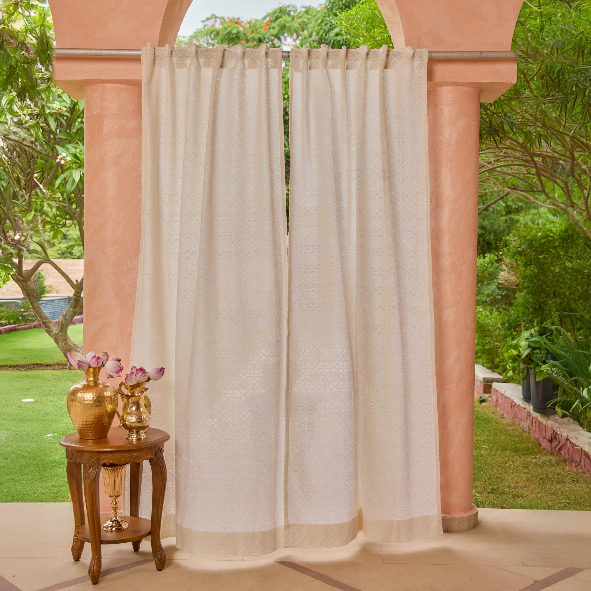 Off-White Mehr Mihrab Floral Cutwork Cotton Banaras Curtain-Curtains-House of Ekam