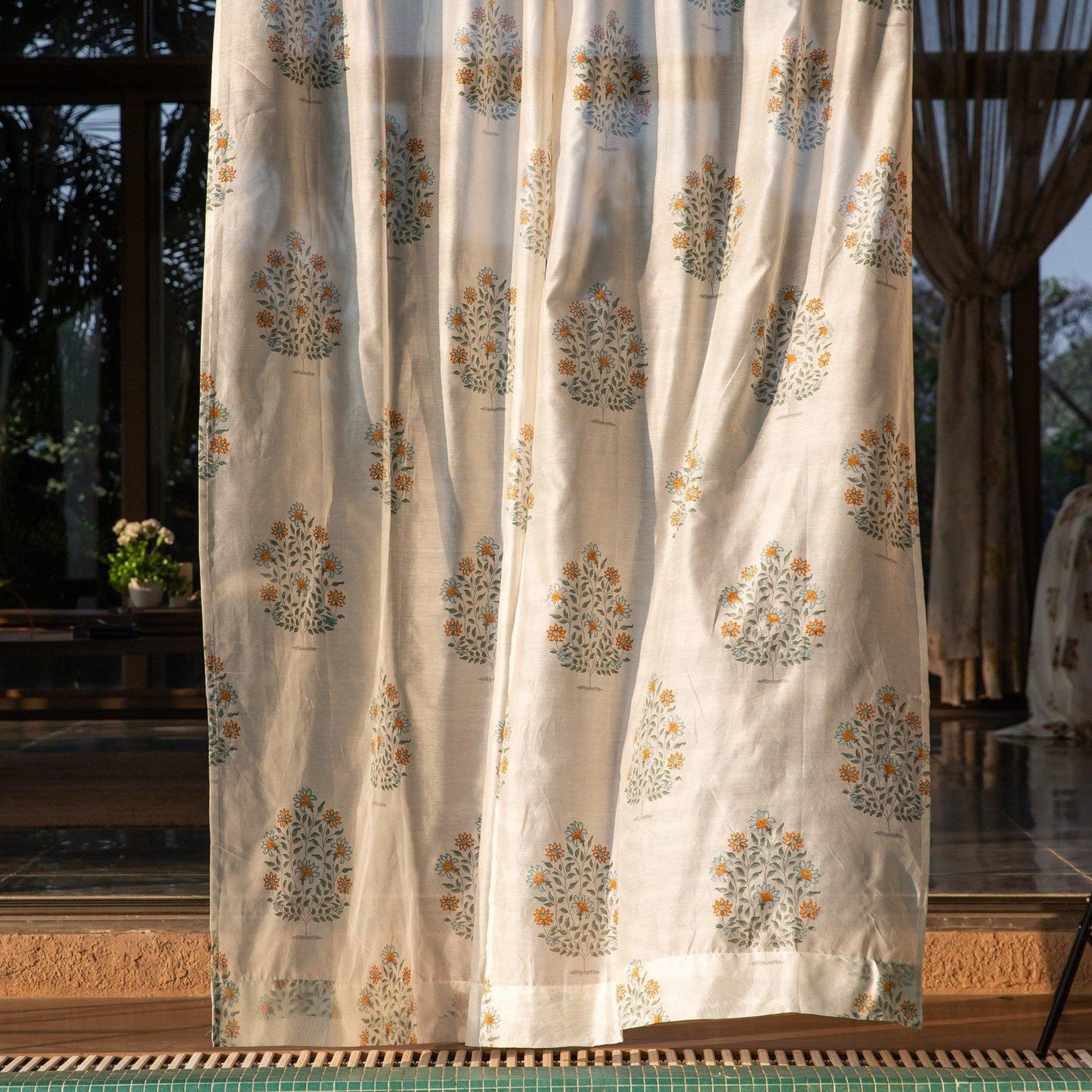 Orange and Green Oleander Blockprint Maheshwari Silk Curtain-Curtains-House of Ekam