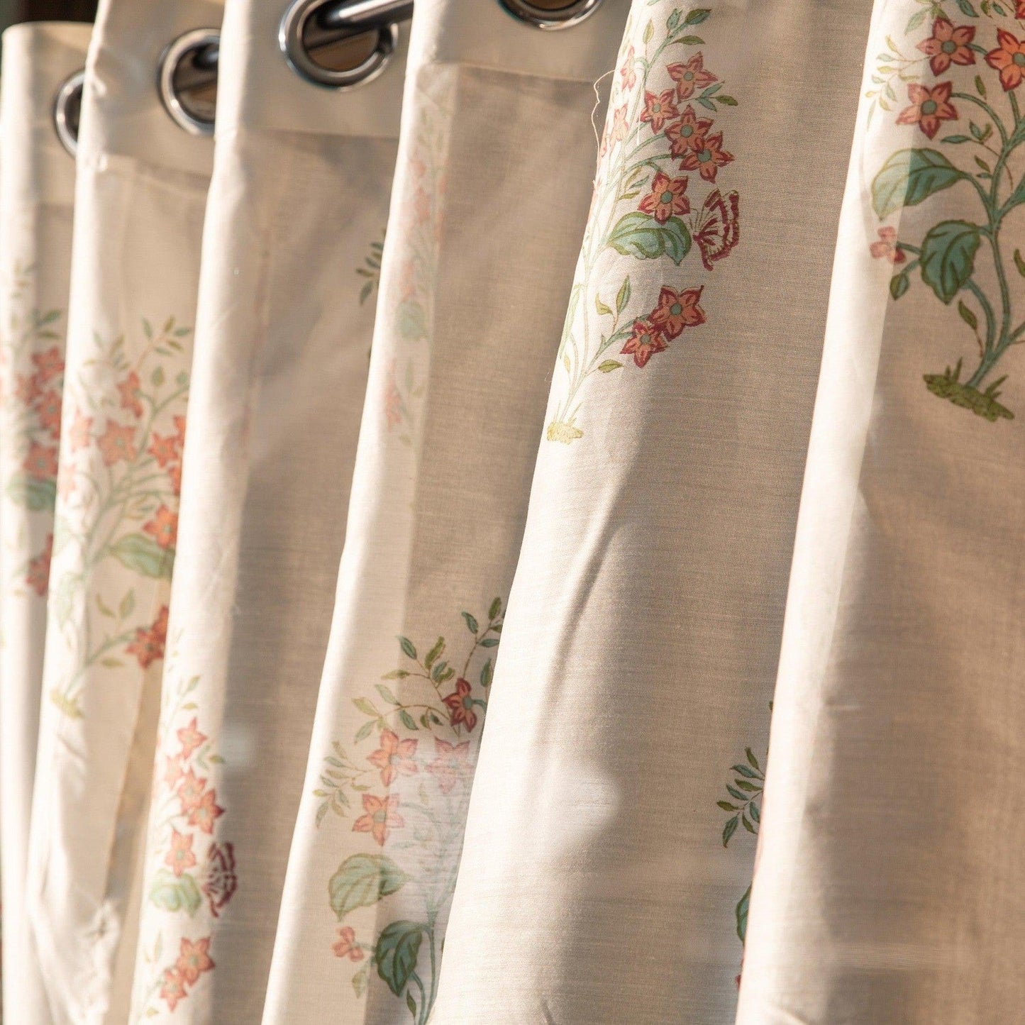 Peach and Green Dewdrop Blockprint Maheshwari Silk Curtain-Curtains-House of Ekam
