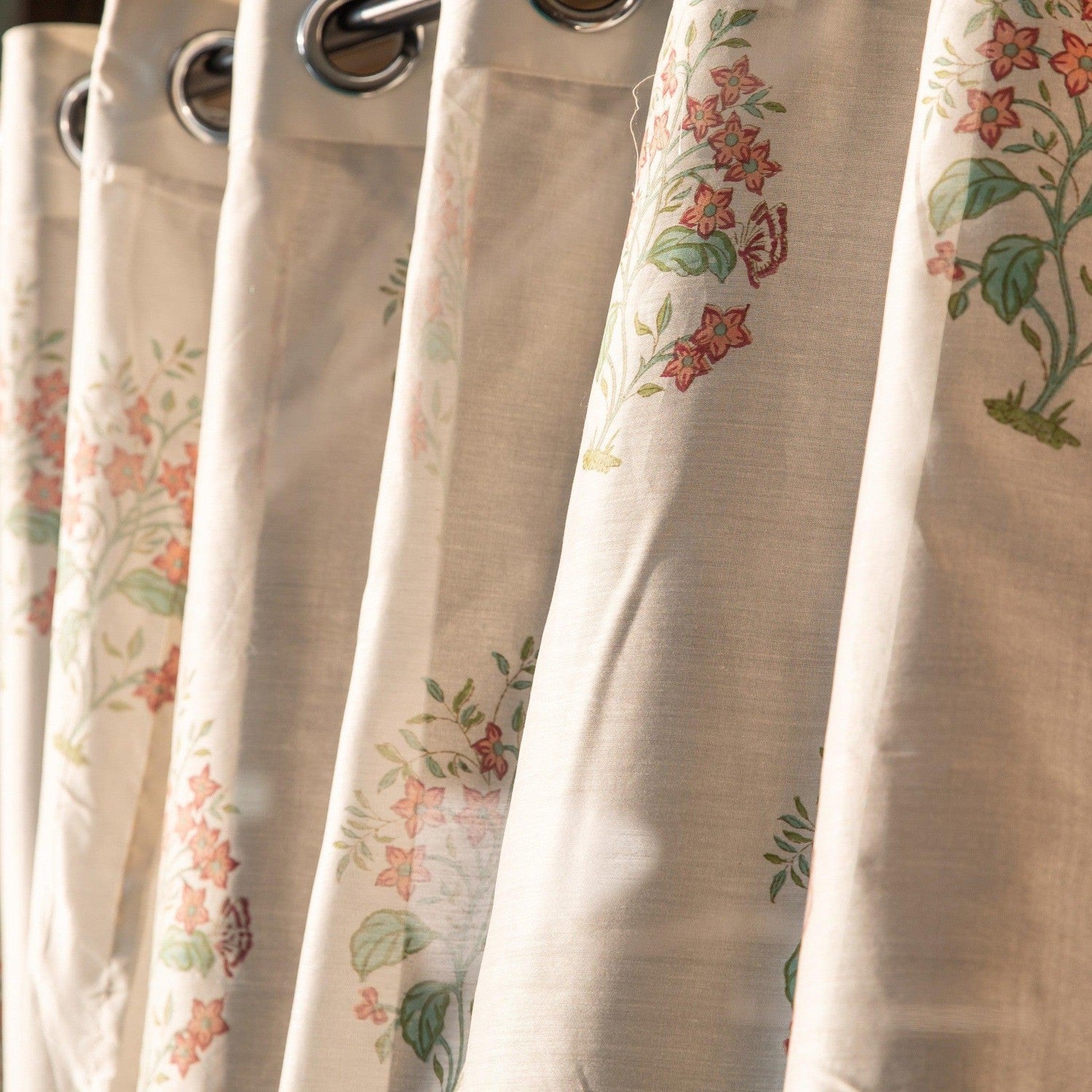 Peach and Green Dewdrop Blockprint Maheshwari Silk Curtain-Curtains-House of Ekam