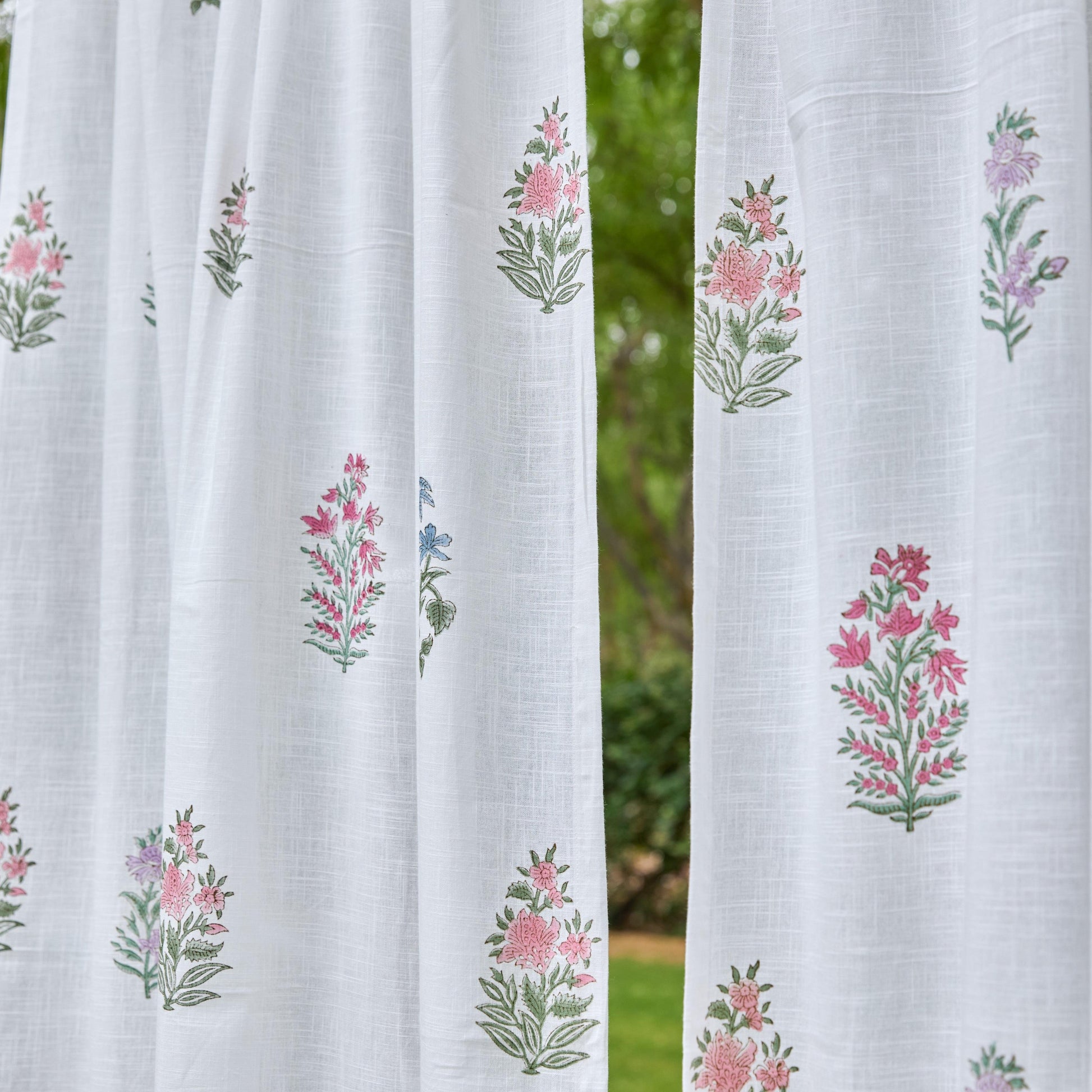 Pink & Green Multi Buti Noor Blockprint Cotton Slub Curtain-Curtains-House of Ekam