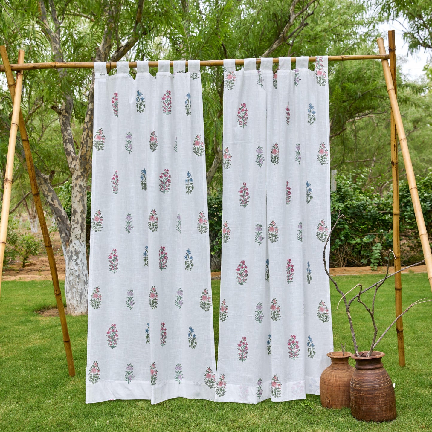 Pink & Green Multi Buti Noor Blockprint Cotton Slub Curtain-Curtains-House of Ekam