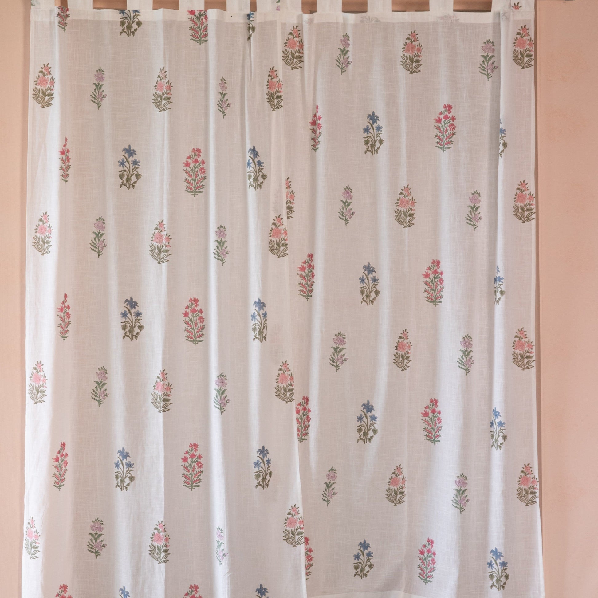 Pink & Green Multi Buti Noor Blockprint Cotton Slub Curtain-Curtains-House of Ekam