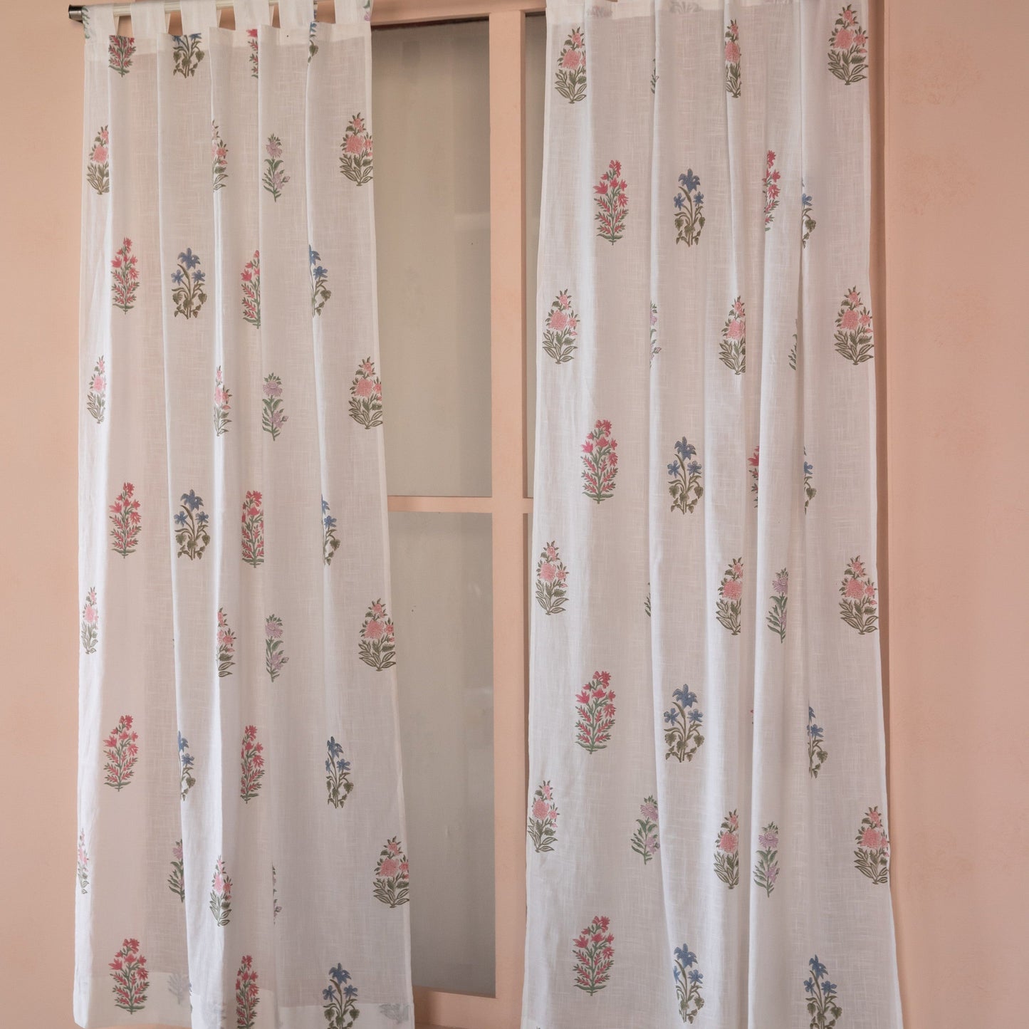 Pink & Green Multi Buti Noor Blockprint Cotton Slub Curtain-Curtains-House of Ekam