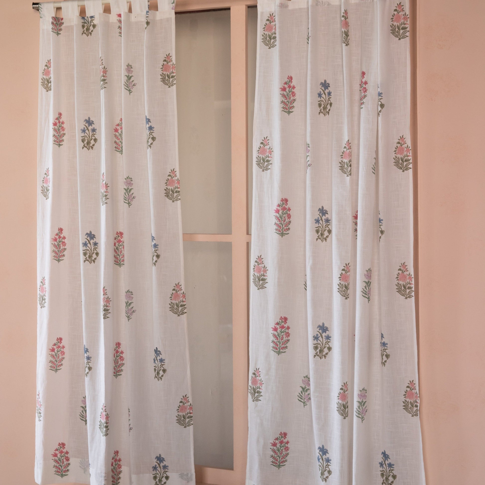 Pink & Green Multi Buti Noor Blockprint Cotton Slub Curtain-Curtains-House of Ekam