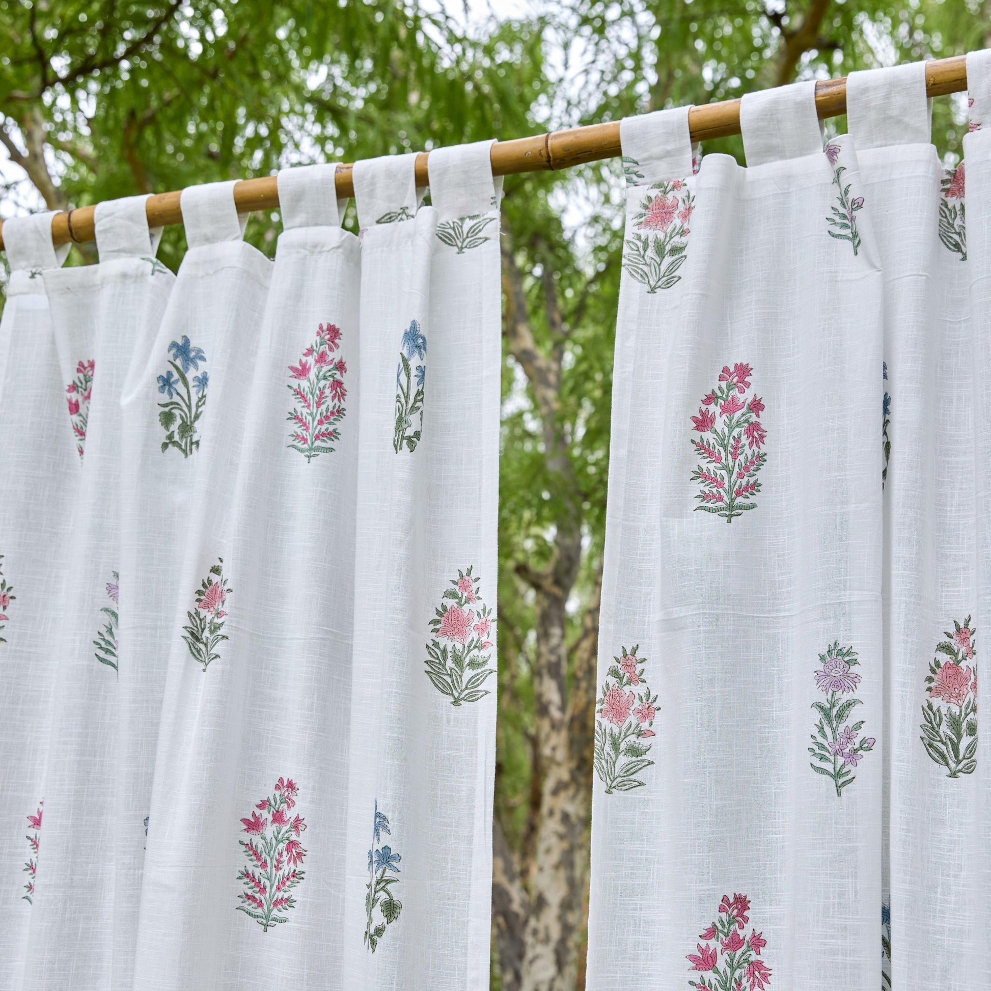 Pink & Green Multi Buti Noor Blockprint Cotton Slub Curtain-Curtains-House of Ekam