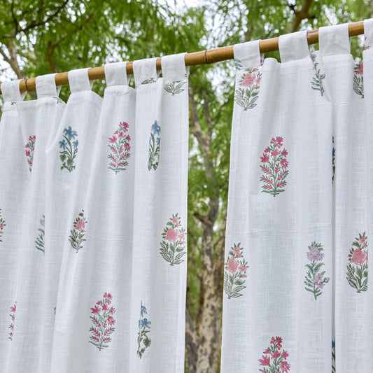 Pink & Green Multi Buti Noor Blockprint Cotton Slub Curtain-Curtains-House of Ekam