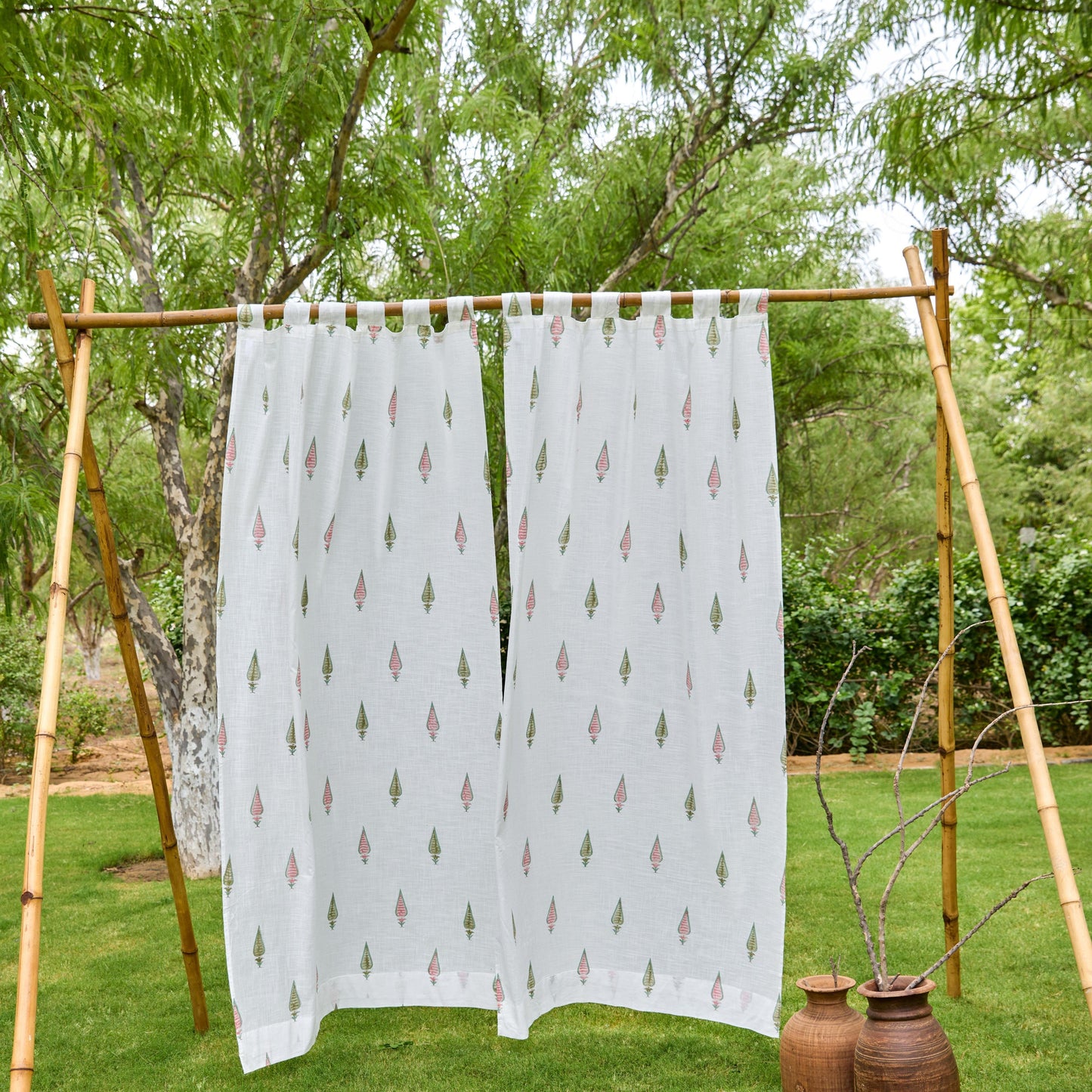 Pink & Green Multi Tilak Blockprint Cotton Slub Curtain-Curtains-House of Ekam