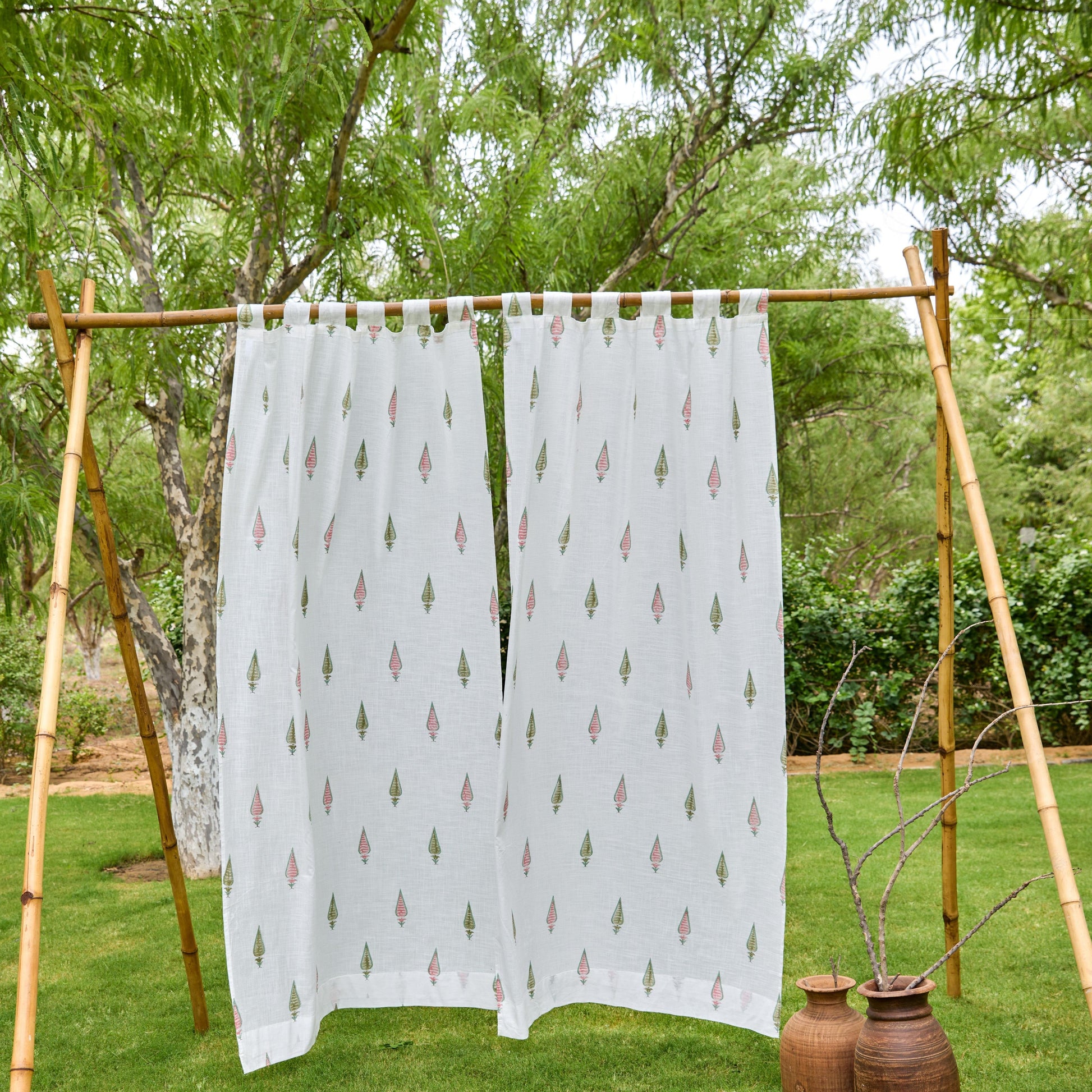 Pink & Green Multi Tilak Blockprint Cotton Slub Curtain-Curtains-House of Ekam