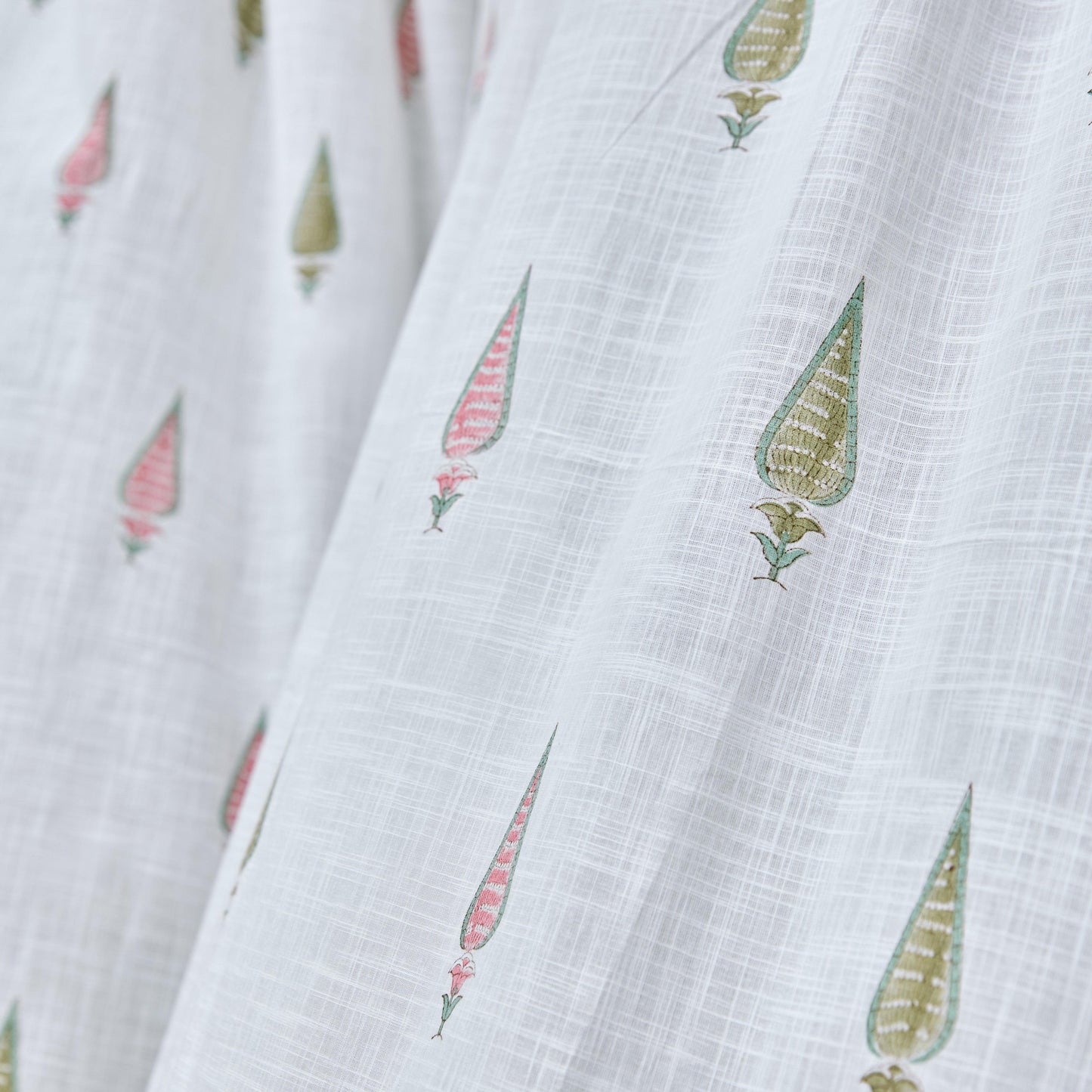 Pink & Green Multi Tilak Blockprint Cotton Slub Curtain-Curtains-House of Ekam