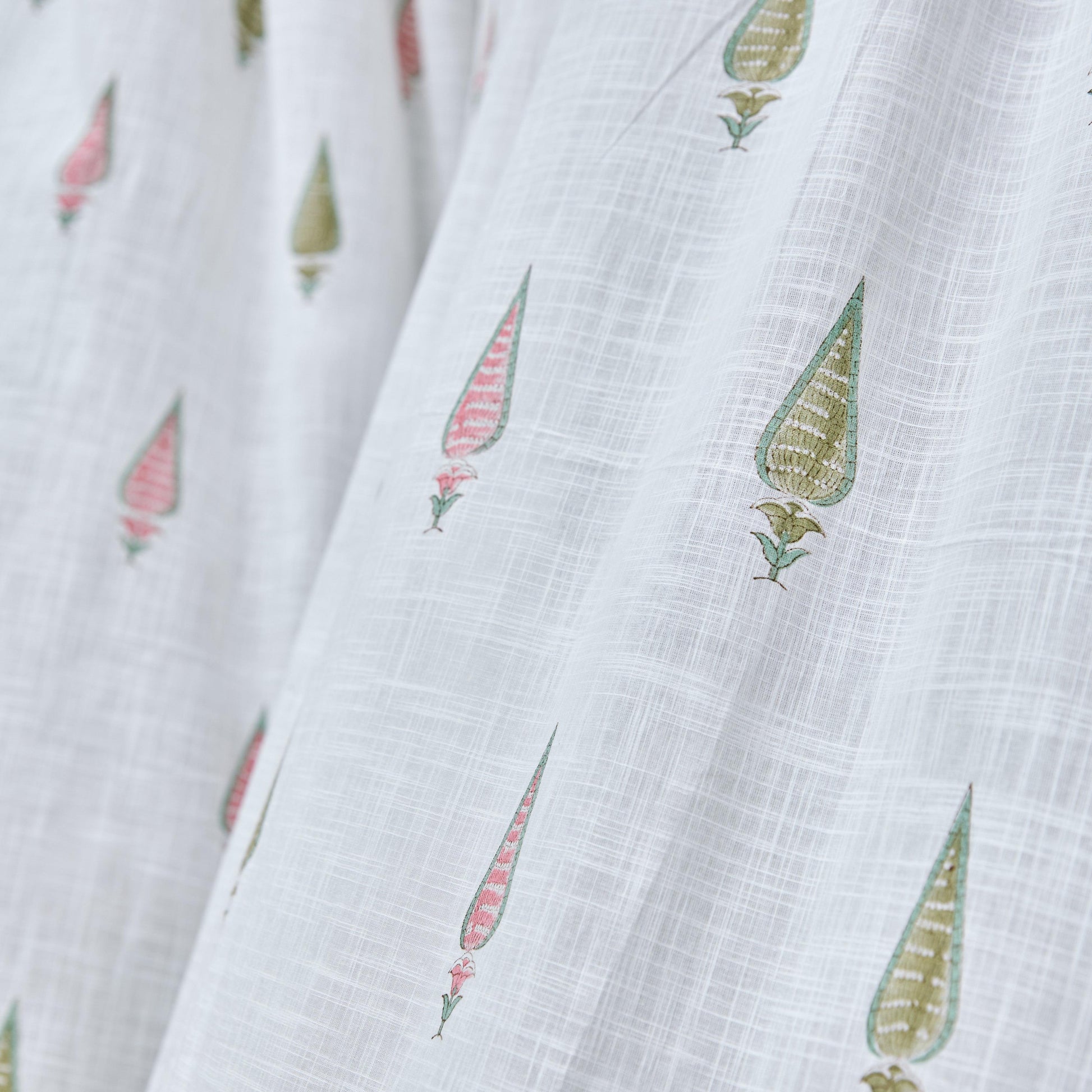 Pink & Green Multi Tilak Blockprint Cotton Slub Curtain-Curtains-House of Ekam