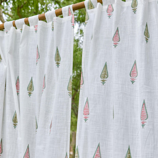 Pink & Green Multi Tilak Blockprint Cotton Slub Curtain-Curtains-House of Ekam