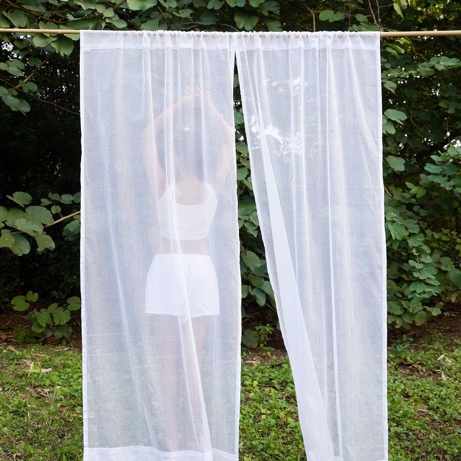 Plain White Kota Doria Cotton Curtain-Curtains-House of Ekam