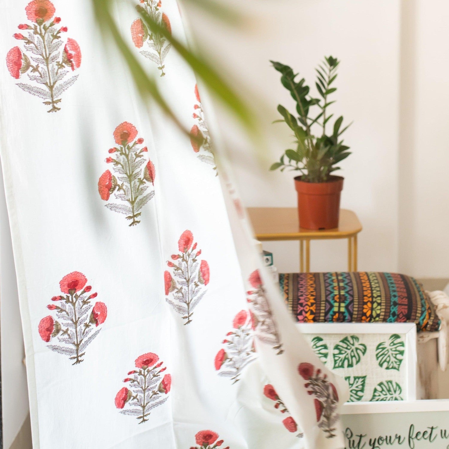 Red Poppy Blockprint Sheer Curtain-Curtains-House of Ekam
