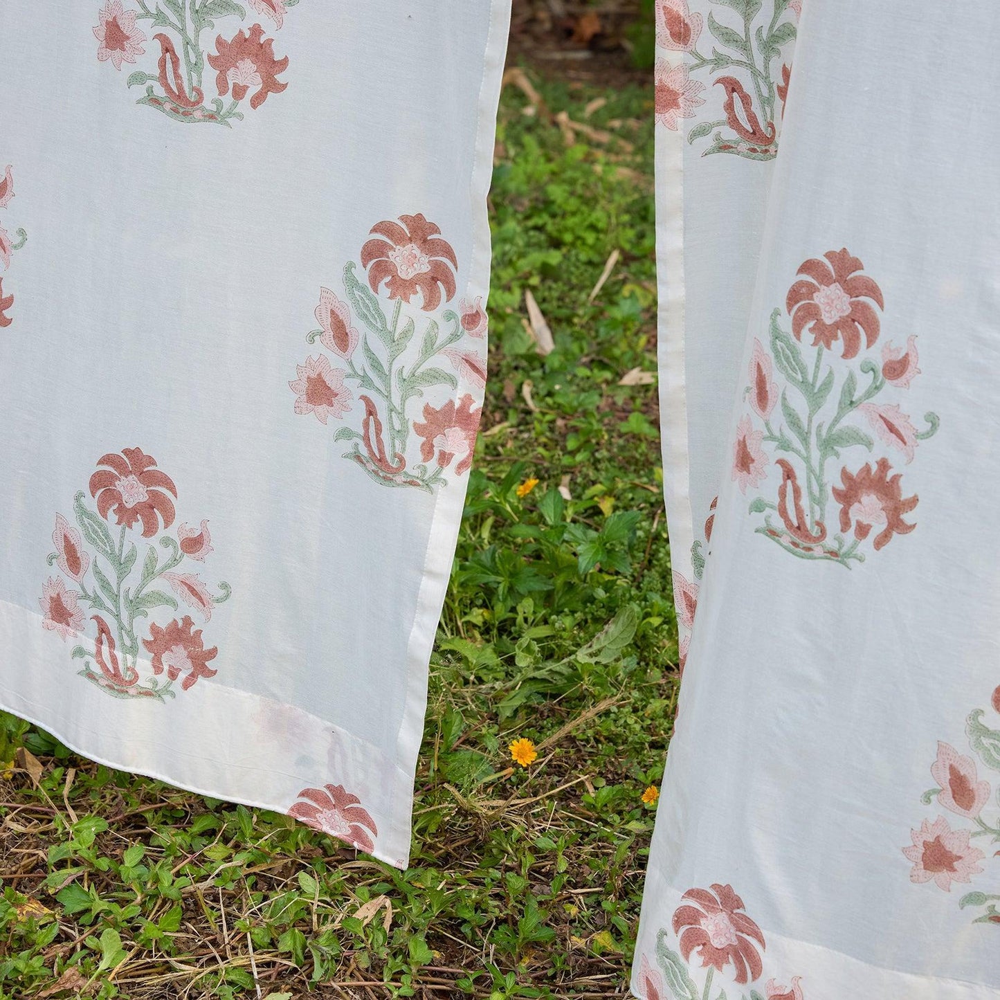 Red and Green Verbena Blockprint Maheshwari Silk Curtain-Curtains-House of Ekam