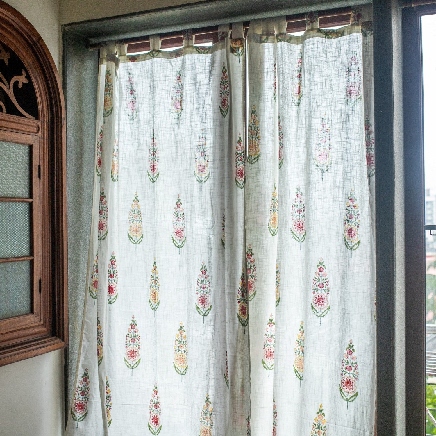 Saanjh Multi Cypress Blockprint Sheer Curtain-Curtains-House of Ekam