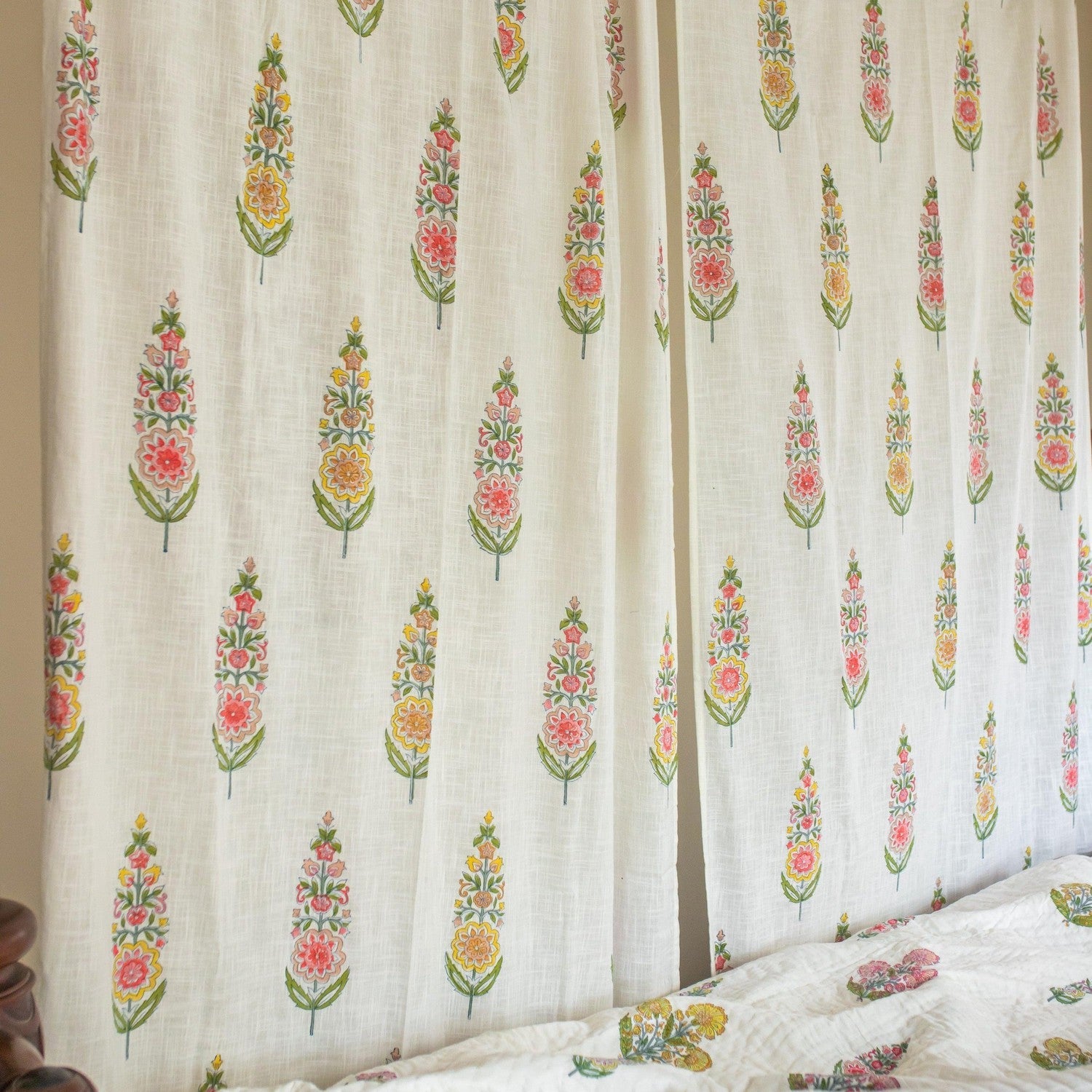 Saanjh Multi Cypress Blockprint Sheer Curtain-Curtains-House of Ekam