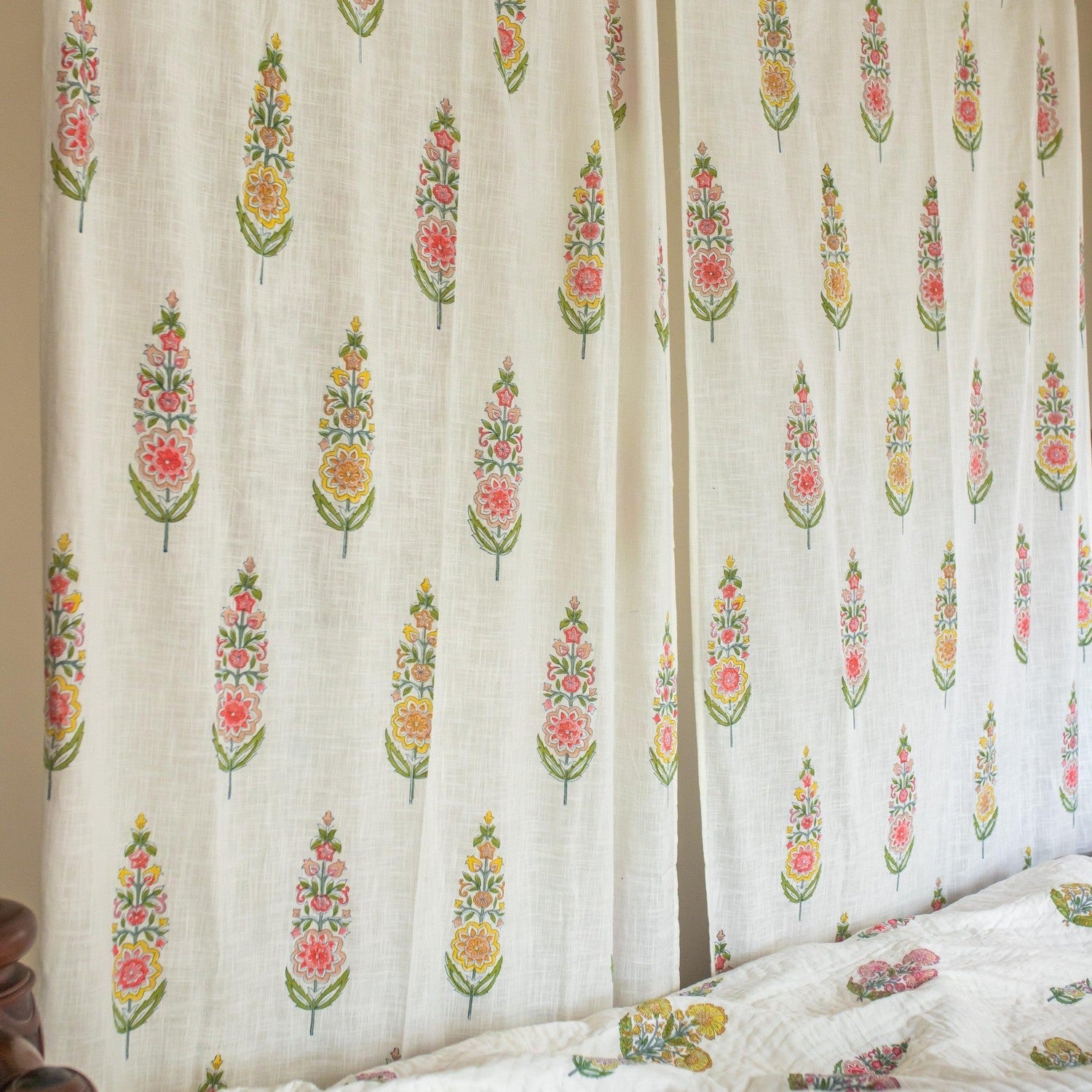 Saanjh Multi Cypress Blockprint Sheer Curtain-Curtains-House of Ekam