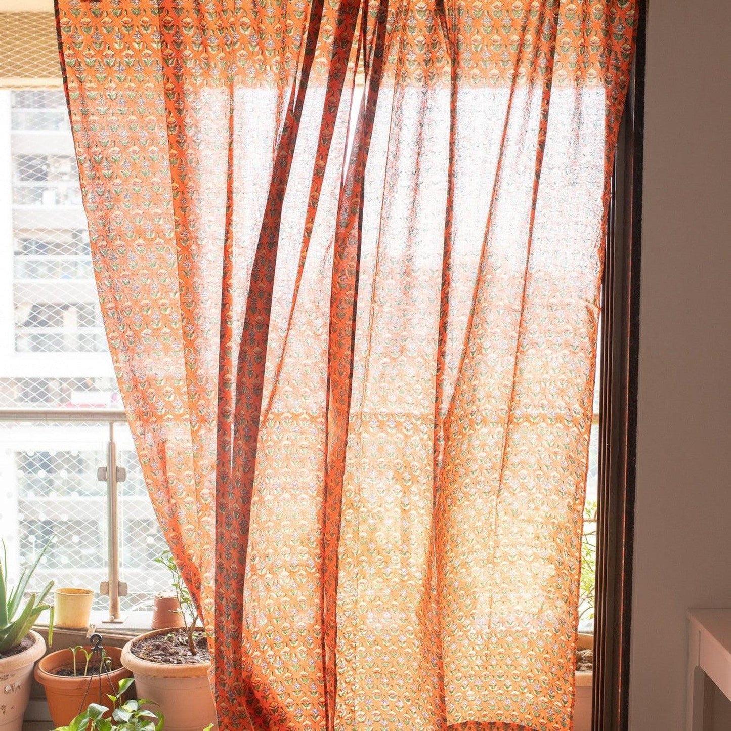 Udaipur Buti Orange Floral Curtain-Curtains-House of Ekam