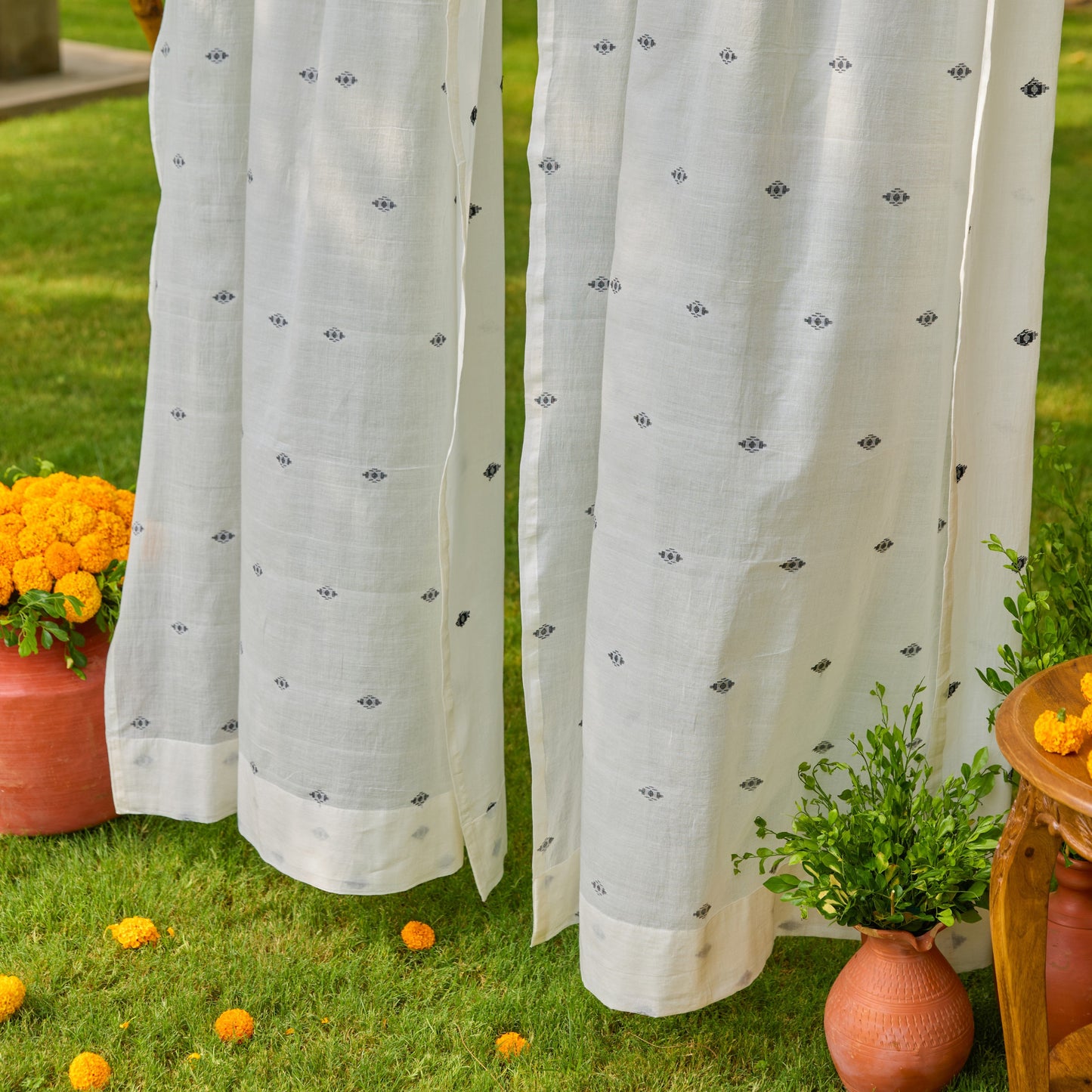 White & Black Neer Jamdani Cotton Handloom Curtain-Curtains-House of Ekam