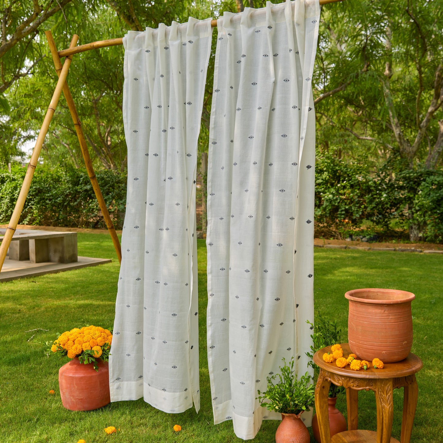 White & Black Neer Jamdani Cotton Handloom Curtain-Curtains-House of Ekam