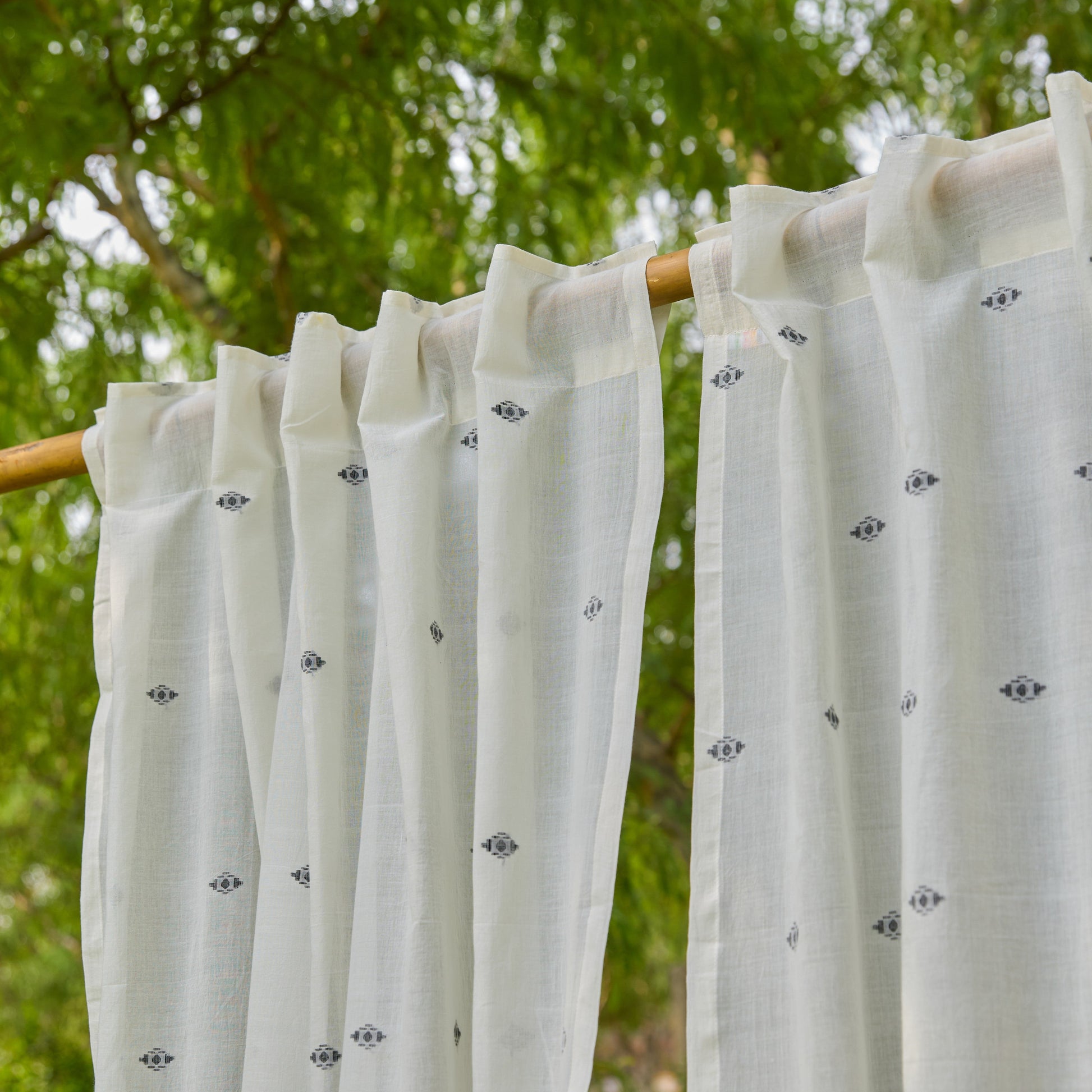 White & Black Neer Jamdani Cotton Handloom Curtain-Curtains-House of Ekam