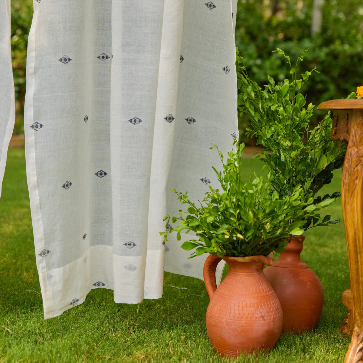 White & Black Neer Jamdani Cotton Handloom Curtain-Curtains-House of Ekam