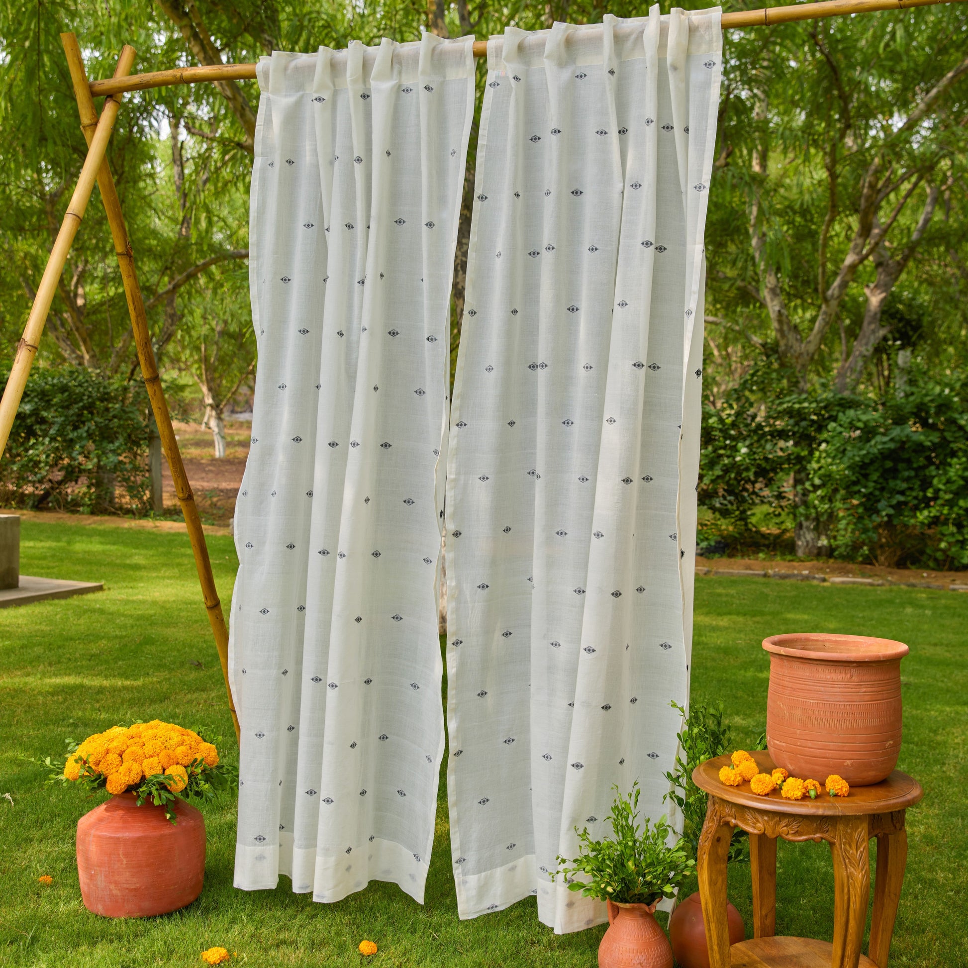 White & Black Neer Jamdani Cotton Handloom Curtain-Curtains-House of Ekam