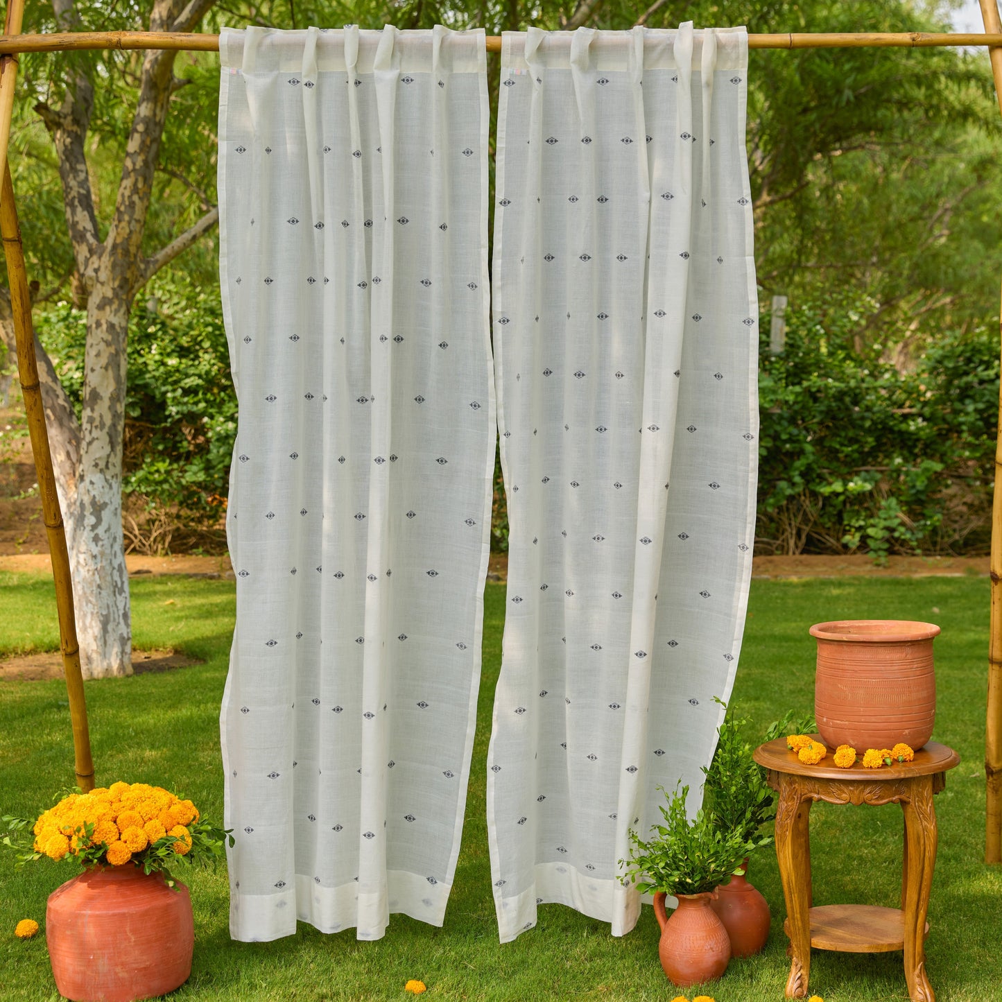 White & Black Neer Jamdani Cotton Handloom Curtain-Curtains-House of Ekam
