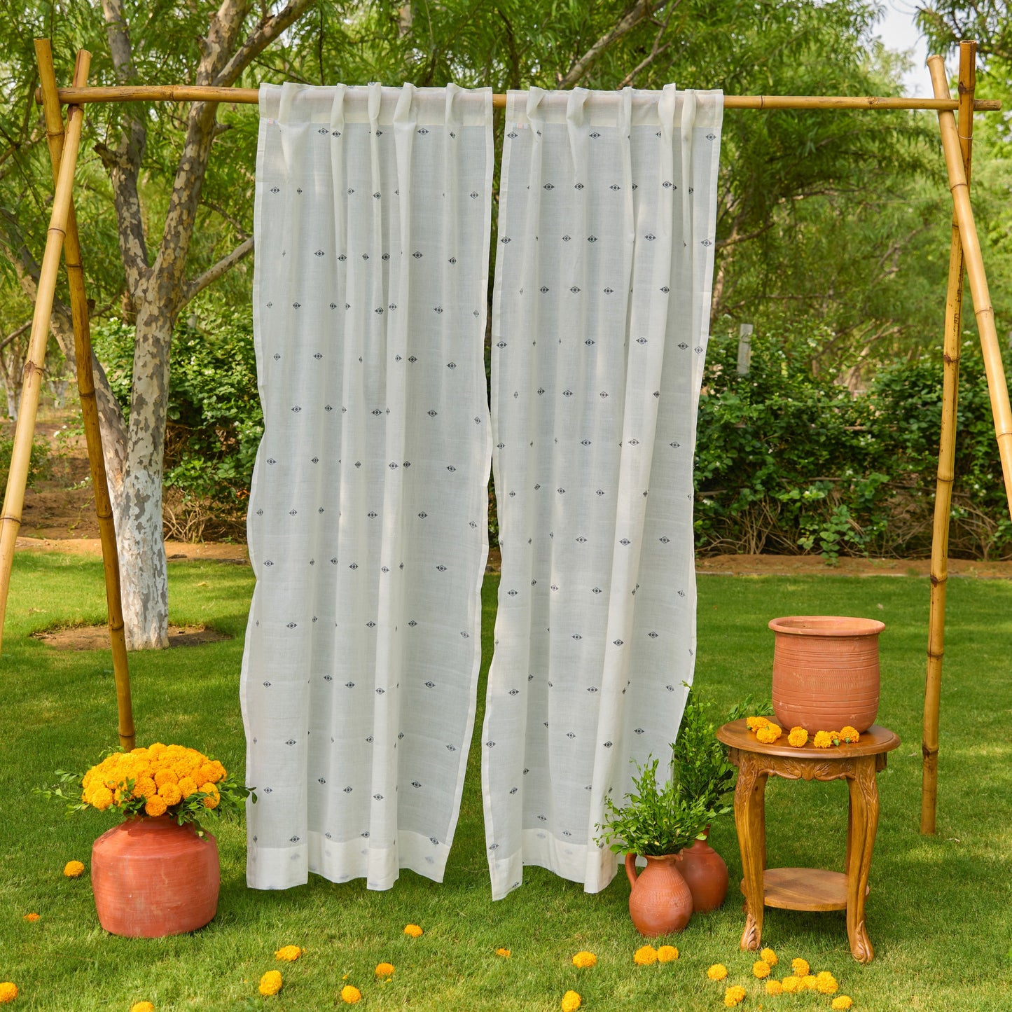 White & Black Neer Jamdani Cotton Handloom Curtain-Curtains-House of Ekam
