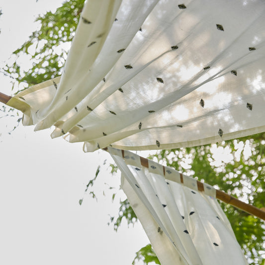 White & Black Neer Jamdani Cotton Handloom Curtain-Curtains-House of Ekam