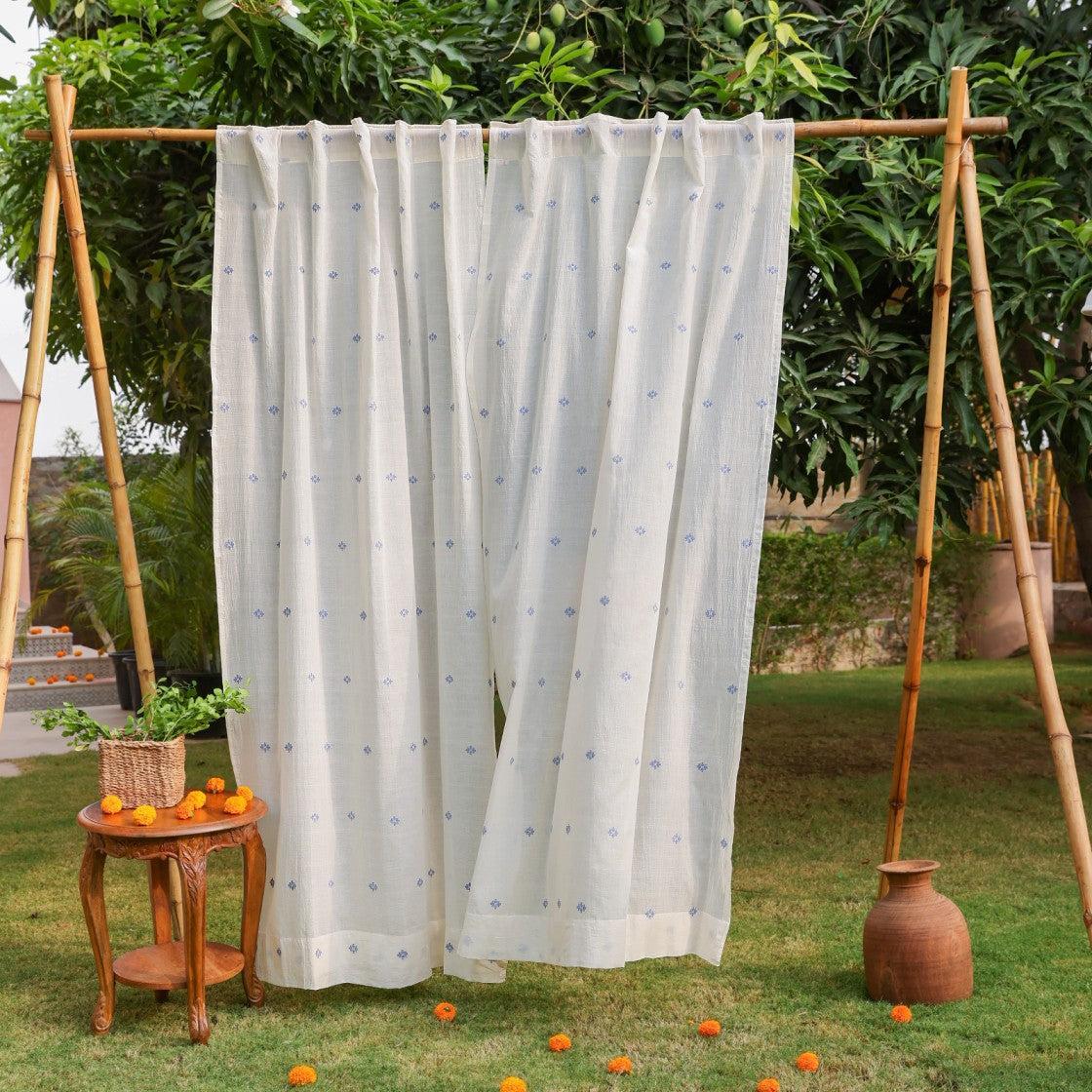 White & Blue Neer Jamdani Cotton Handloom Curtain-Curtains-House of Ekam