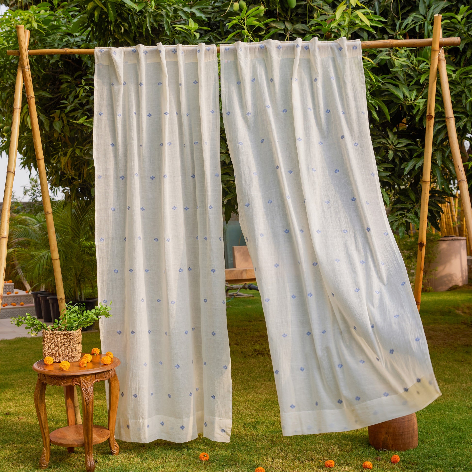 White & Blue Neer Jamdani Cotton Handloom Curtain-Curtains-House of Ekam