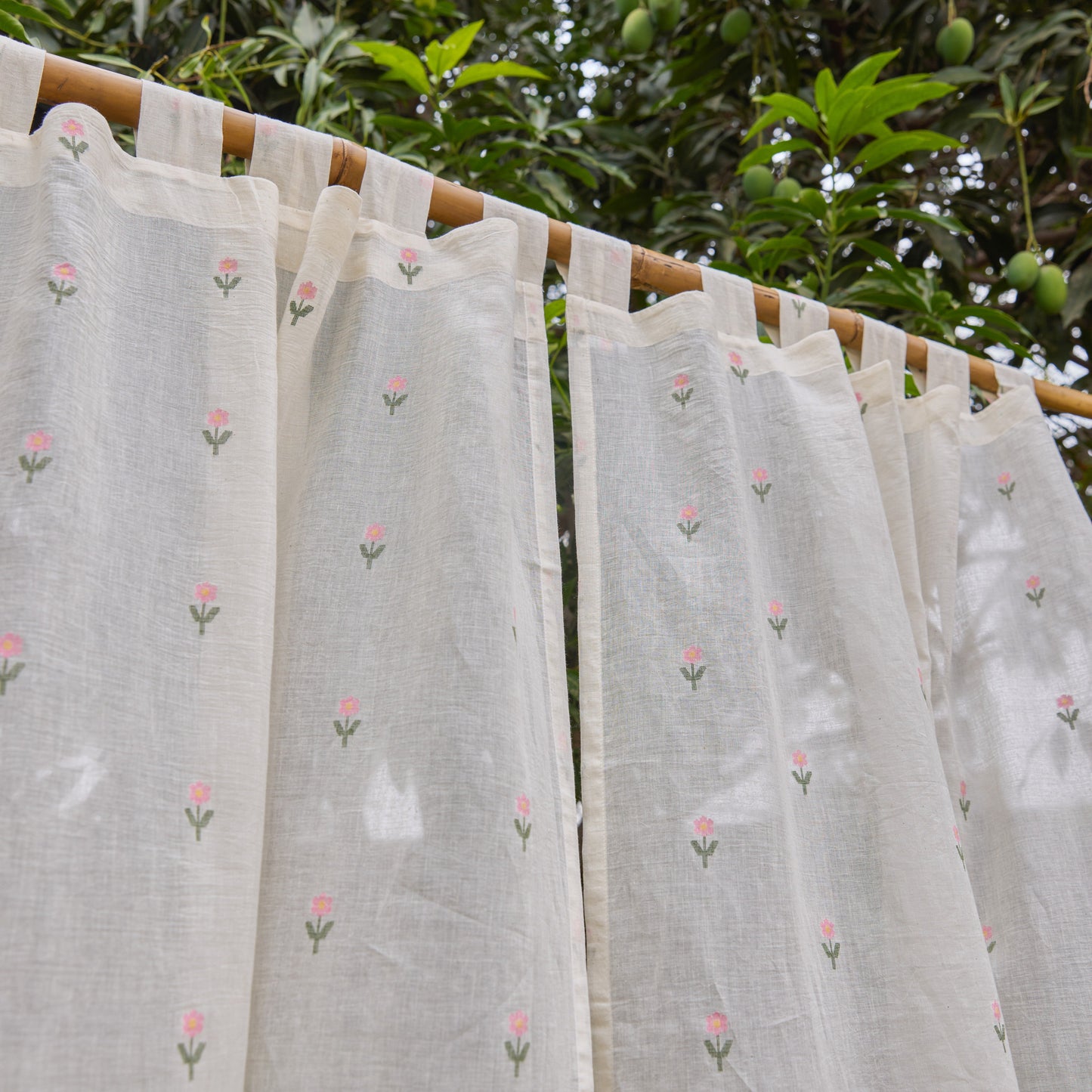 White Jhora Phool Jamdani Cotton Handloom Curtain-Curtains-House of Ekam