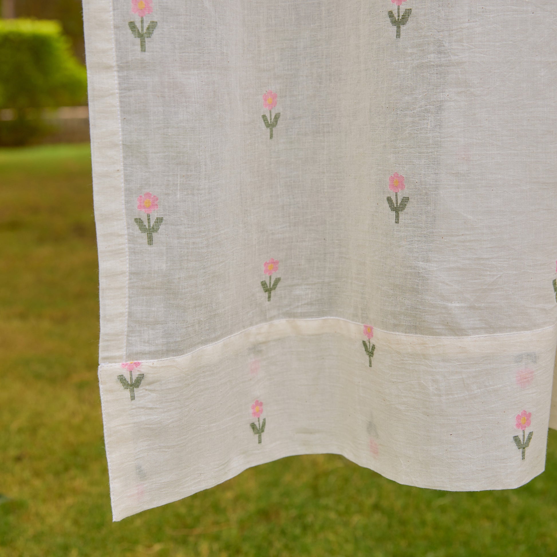 White Jhora Phool Jamdani Cotton Handloom Curtain-Curtains-House of Ekam