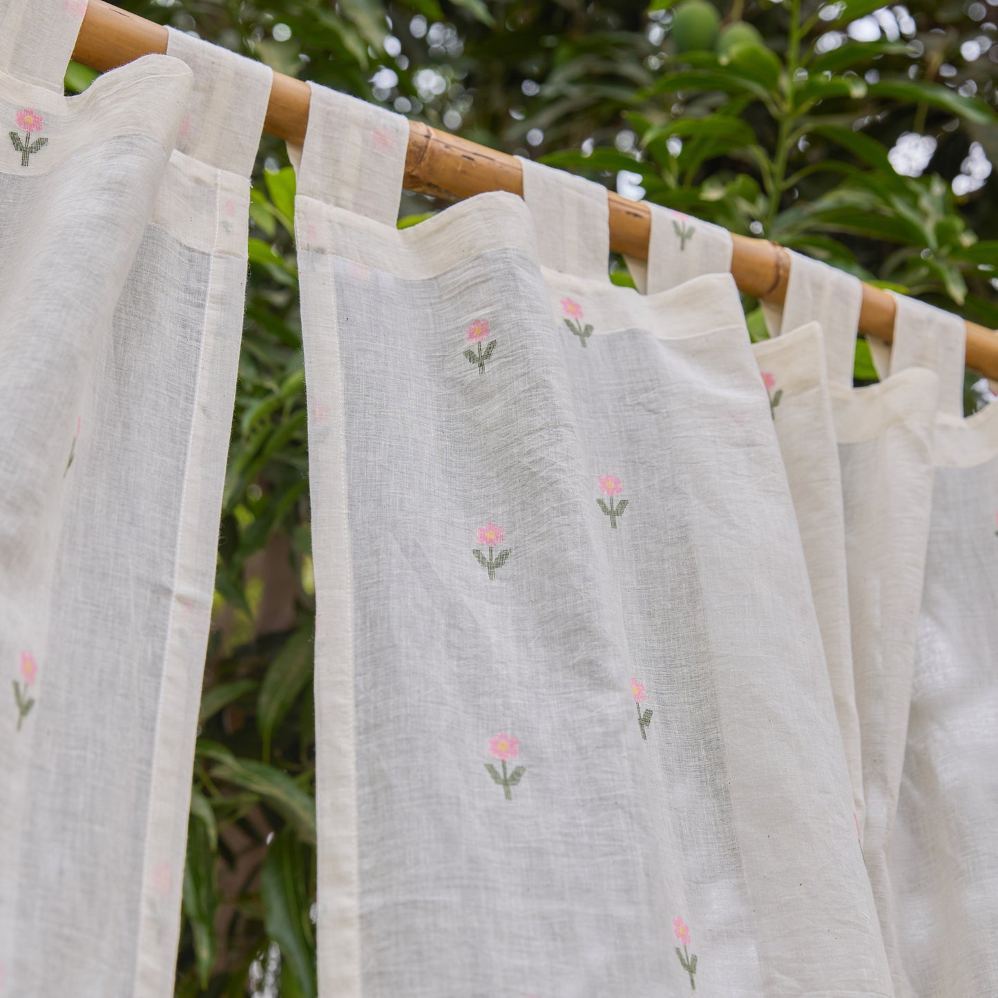 White Jhora Phool Jamdani Cotton Handloom Curtain-Curtains-House of Ekam