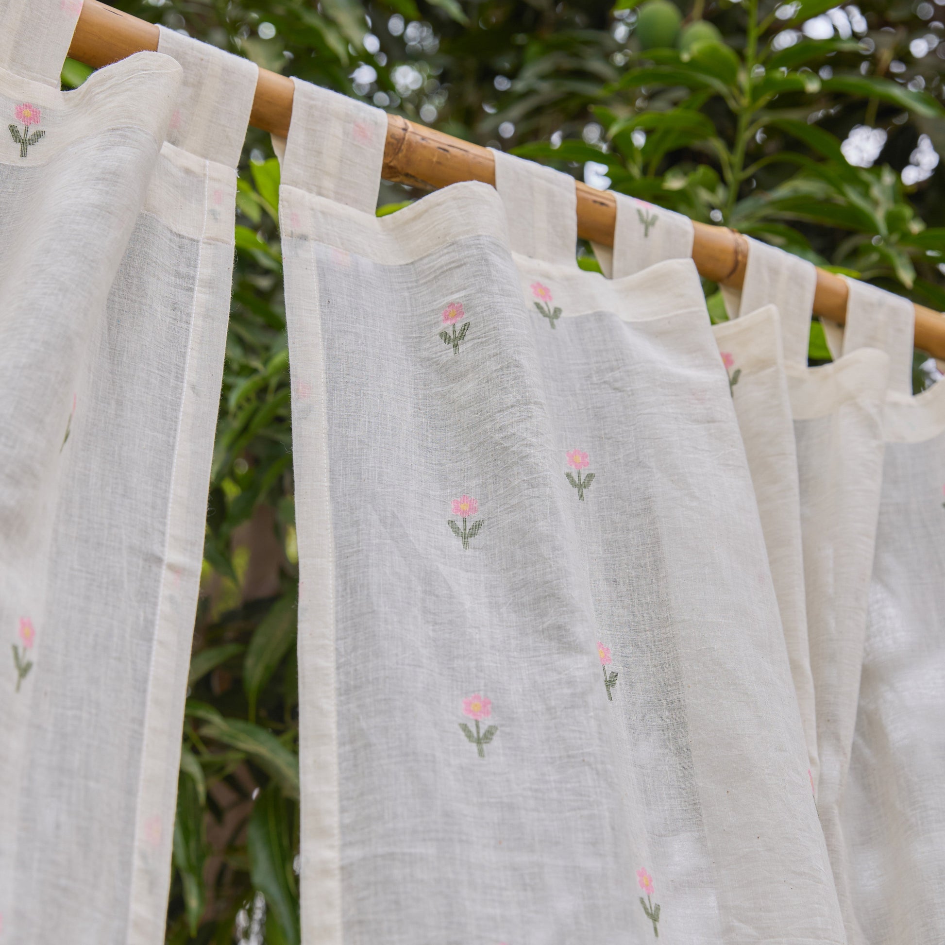 White Jhora Phool Jamdani Cotton Handloom Curtain-Curtains-House of Ekam