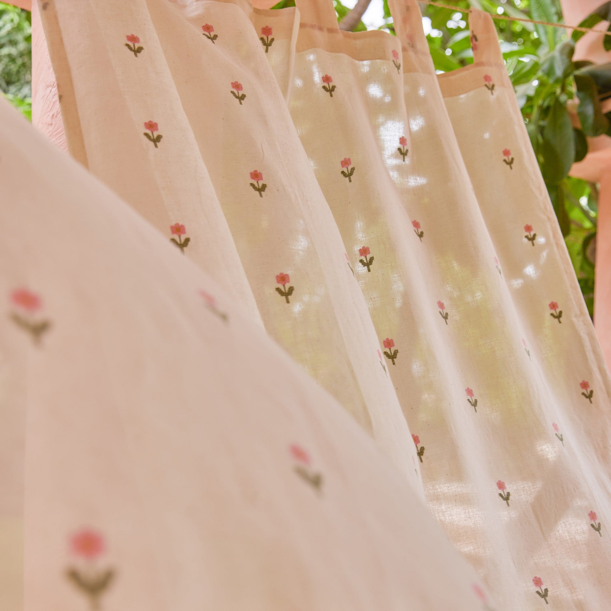 White Jhora Phool Jamdani Cotton Handloom Curtain-Curtains-House of Ekam